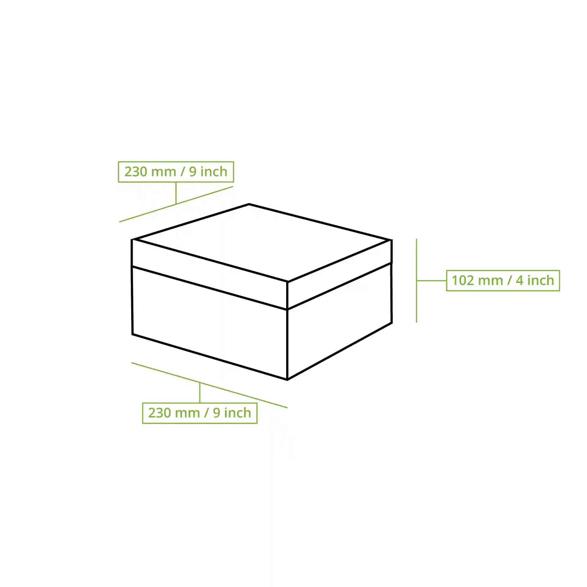 Schematic drawing of a rectangular cake box with dimensions labeled: 230 mm length, 230 mm width, and 102 mm height.