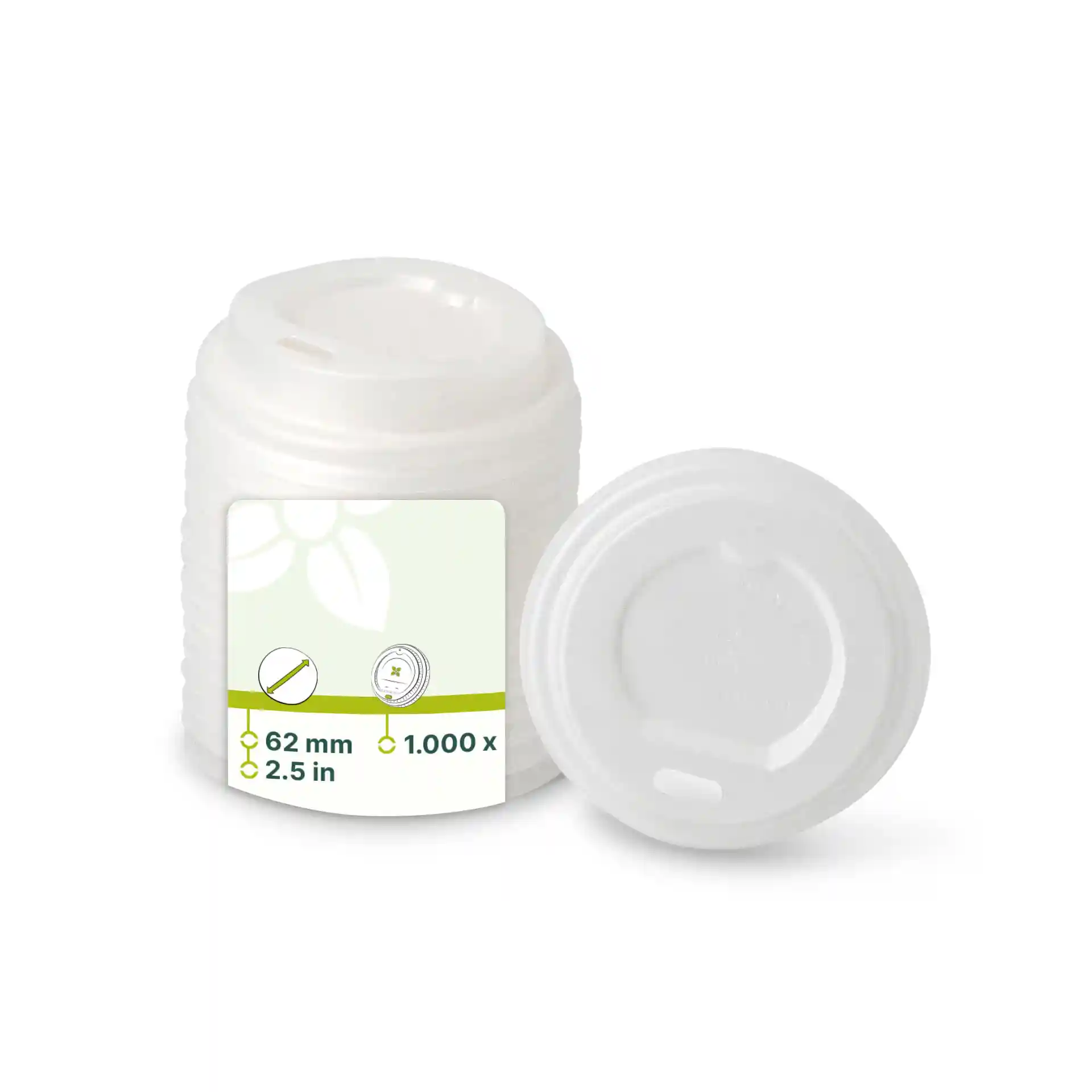 White CPLA lid with a drinking hole, measuring 62 mm in diameter, placed next to a flat lid.