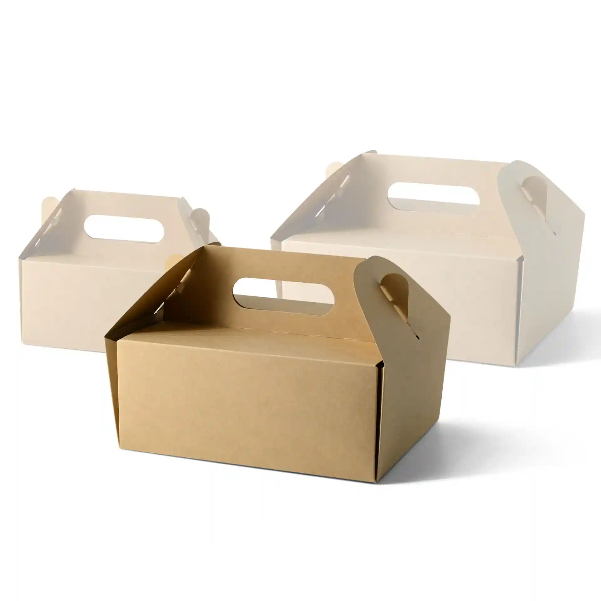 Three rectangular cardboard pastry boxes with handles, one brown and two white, on a plain background.