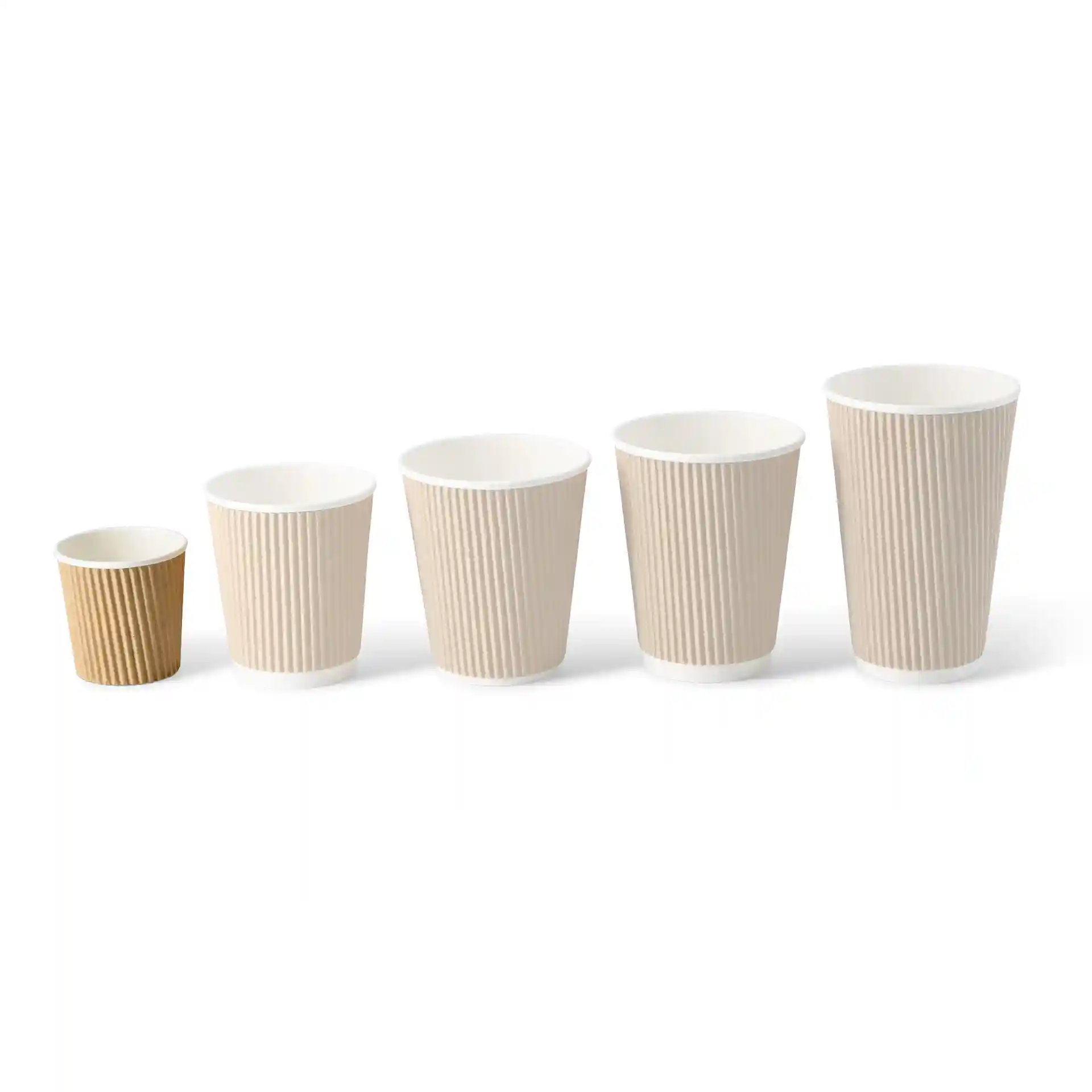 Image of five ribbed cups in varying sizes, including one brown cup and four white cups with ribbed texture.
