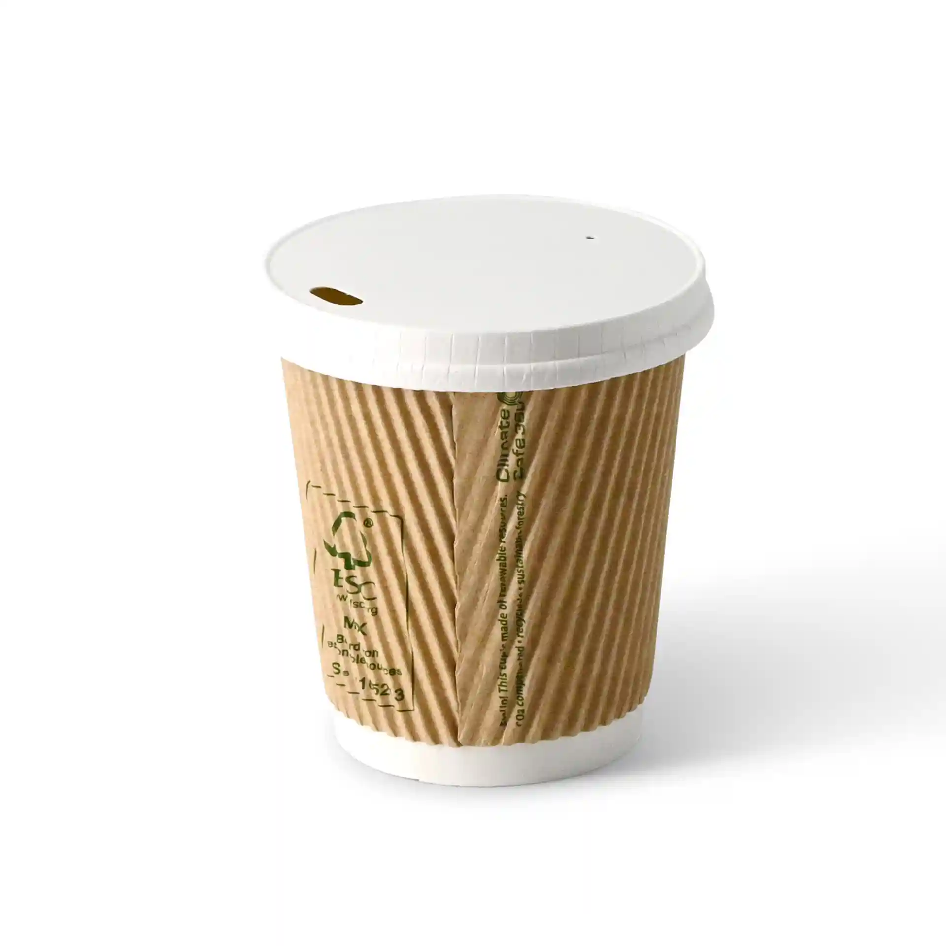 Paper cup with a white lid, featuring a drink opening, and a textured brown exterior.