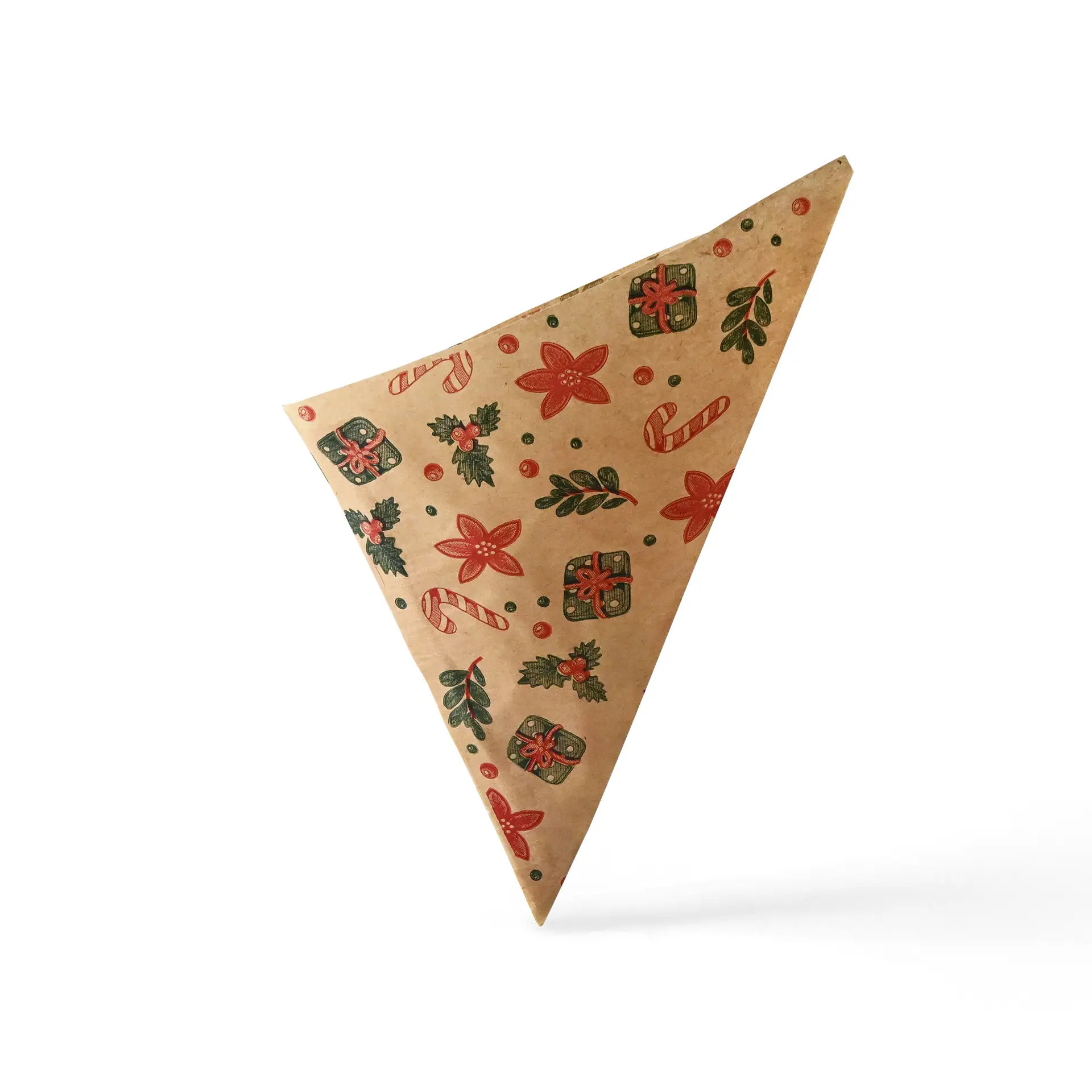 Brown greaseproof bag with winter design, featuring red flowers, candy canes, and presents, measuring 19 x 19 cm.