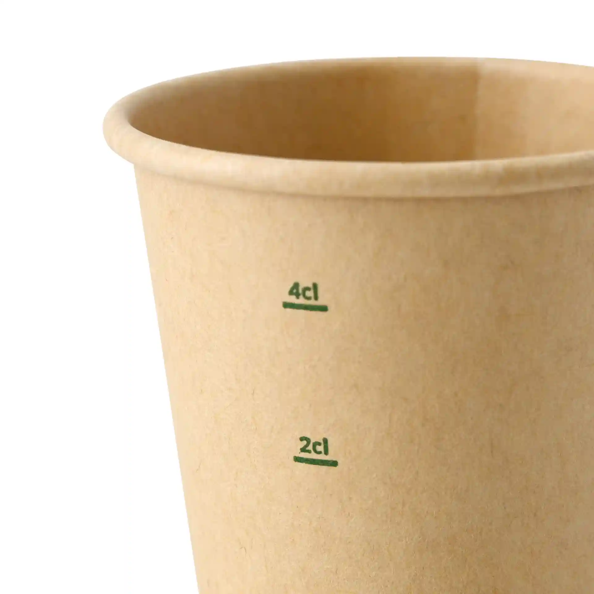 Brown paper cup with measurement markings for 2 cl and 4 cl on the side, single wall construction.