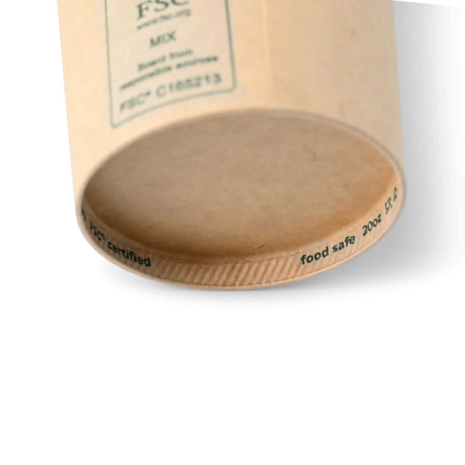 Brown cardboard paper cup with a round shape and a diameter of 90 mm, showing the bottom edge and markings.