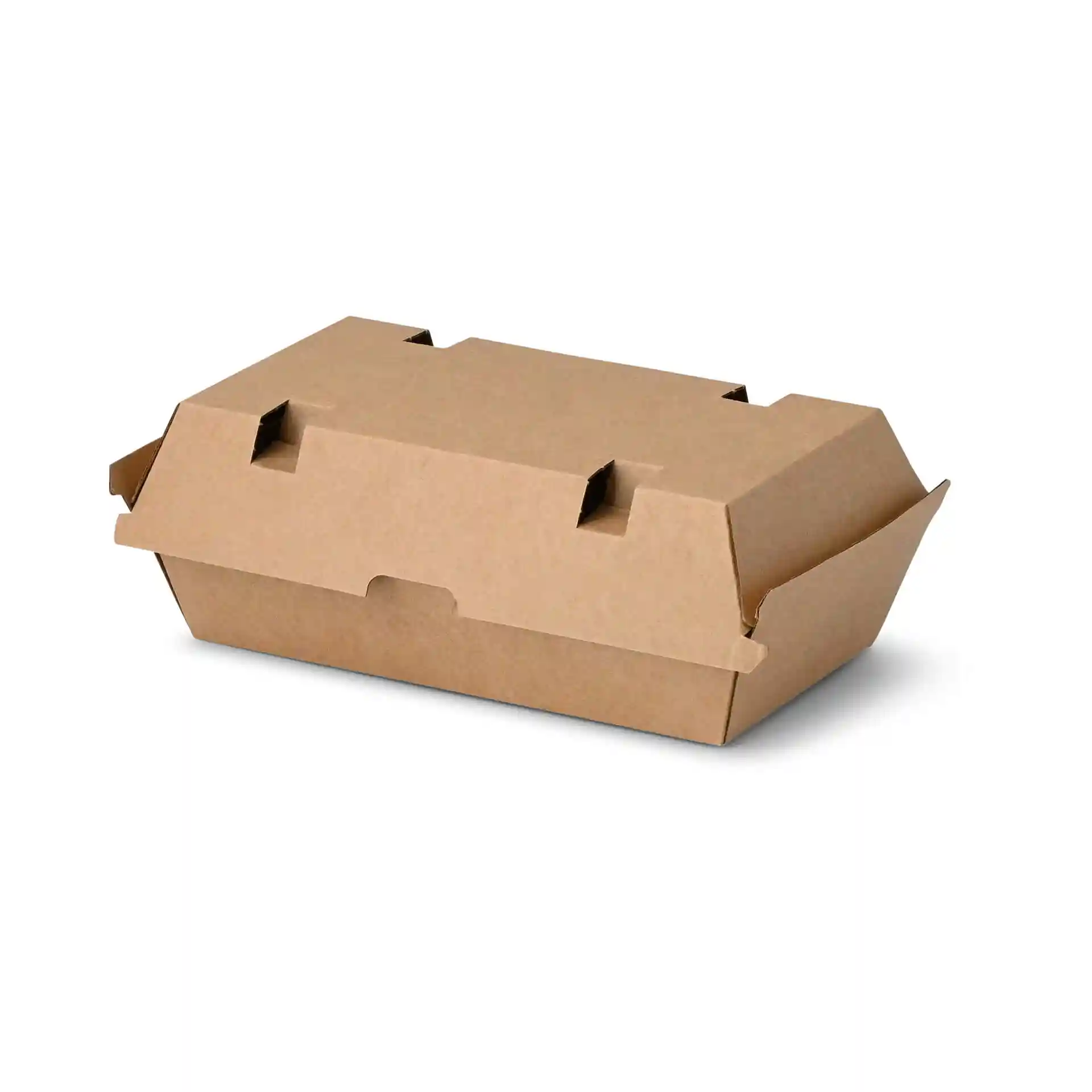 Brown cardboard food box with hinged lid, measuring 24.8 x 13 x 7.5 cm, in a rectangular shape.