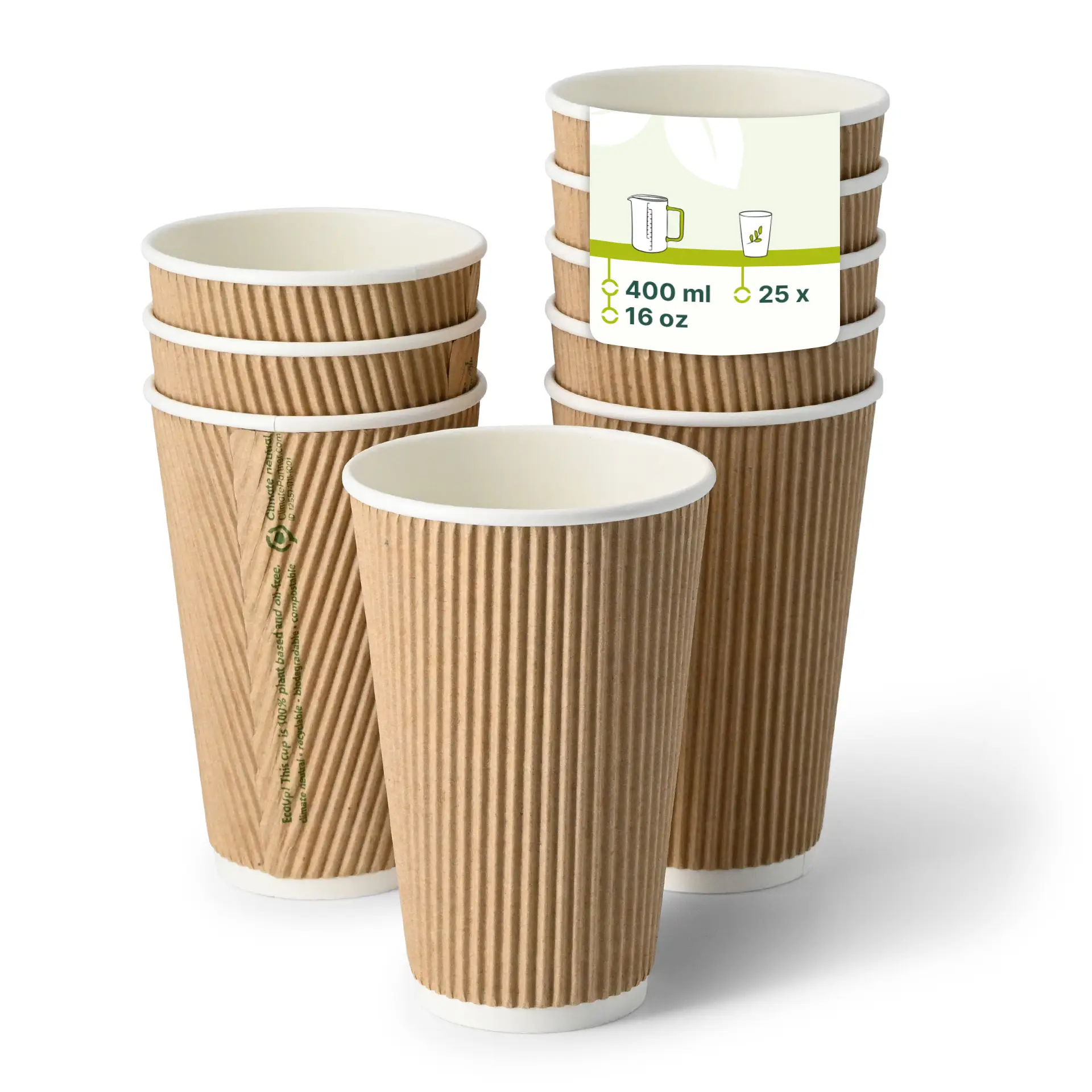 16 oz Takeaway coffee cups / Ripple cups, Ø 90 mm, kraft dhd049621-riffelbecher-coffee-to-go-becher-400-ml-16-oz-90-mm-braun-innen-weiss
