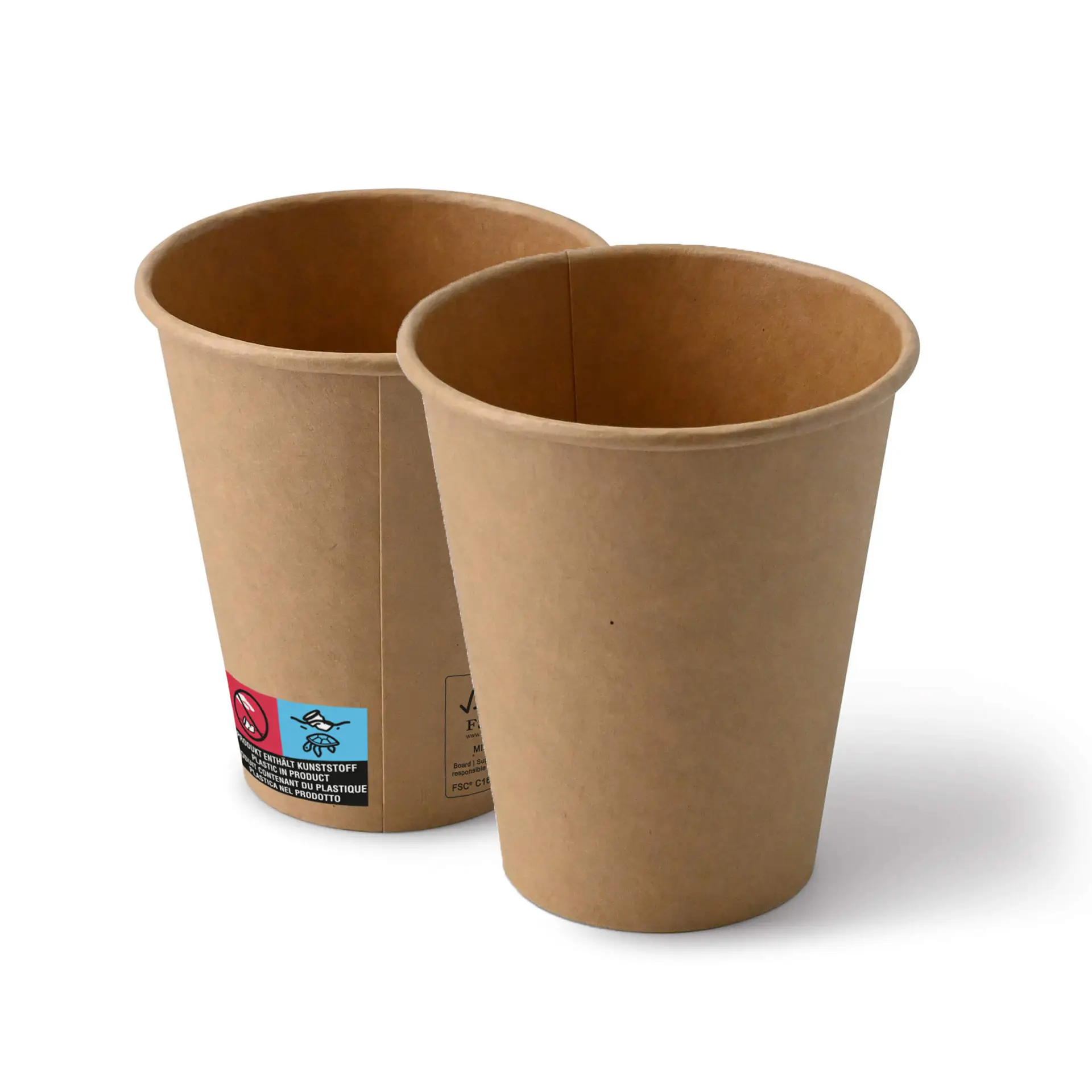 Brown paper cups with a round shape, showing two cups stacked with visible interior and exterior surfaces.