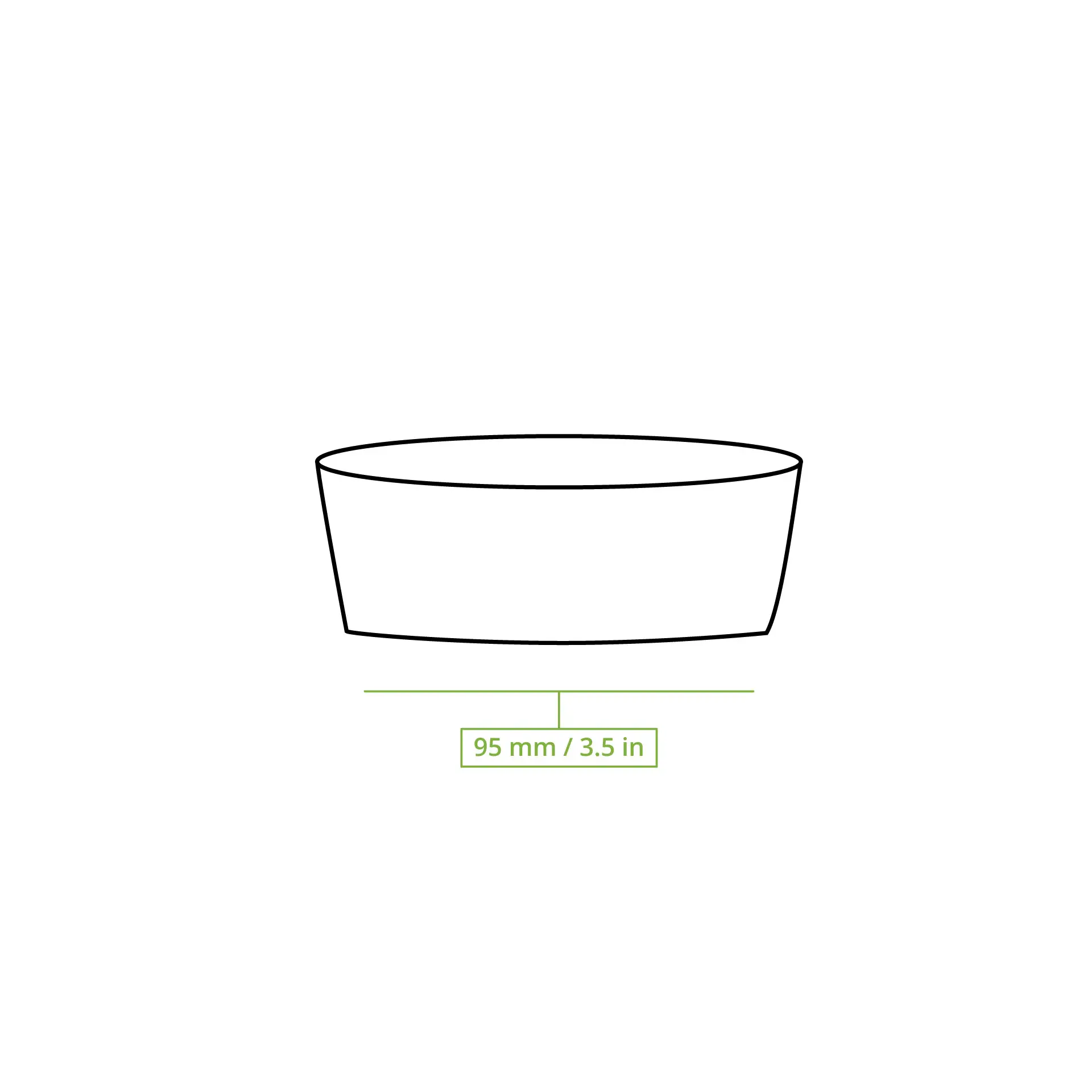 Schematic drawing of a cup with a diameter of 95 mm and a brimful volume of 130 ml.