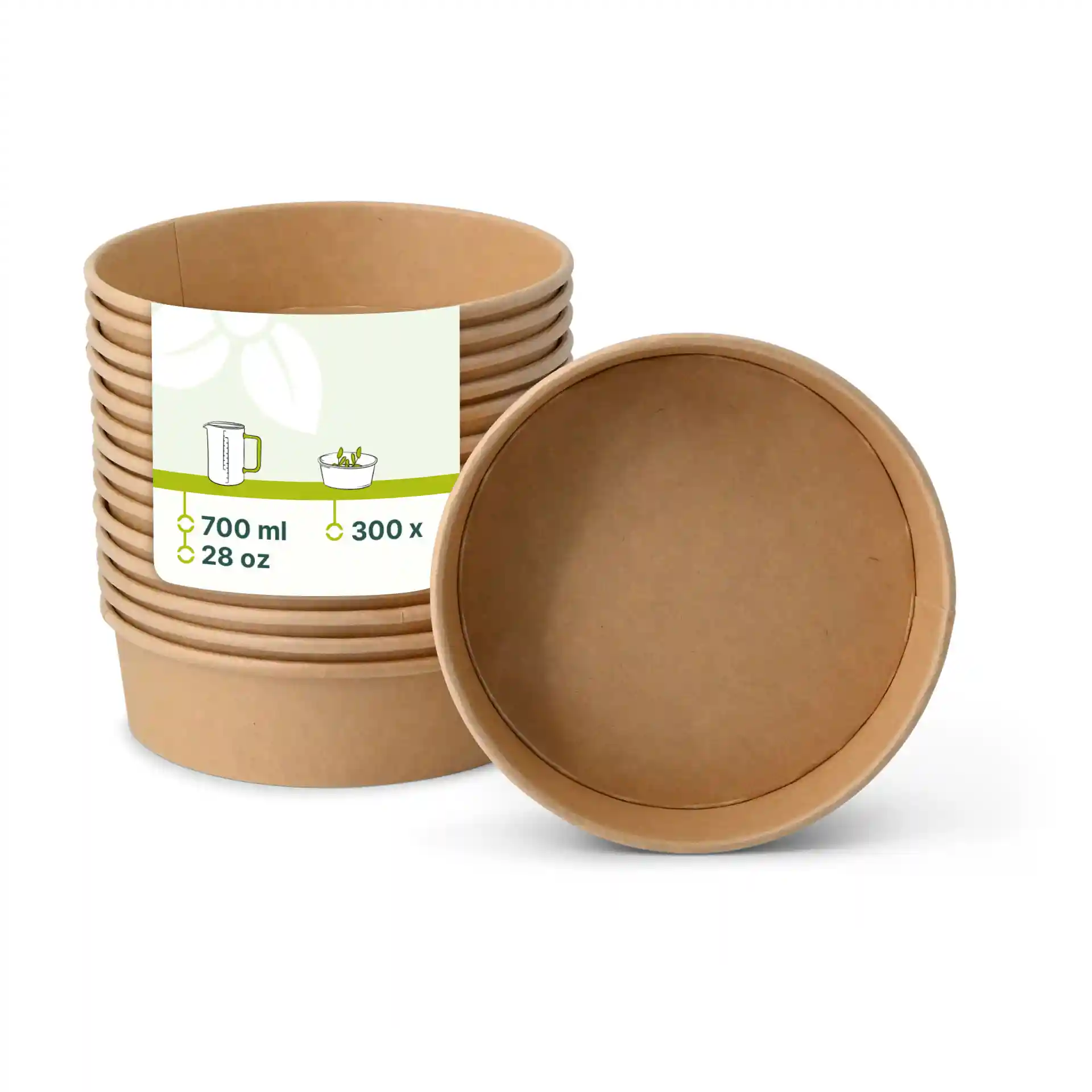 Brown round cardboard bowls stacked with one on its side, showing a label with volume and dimensions.