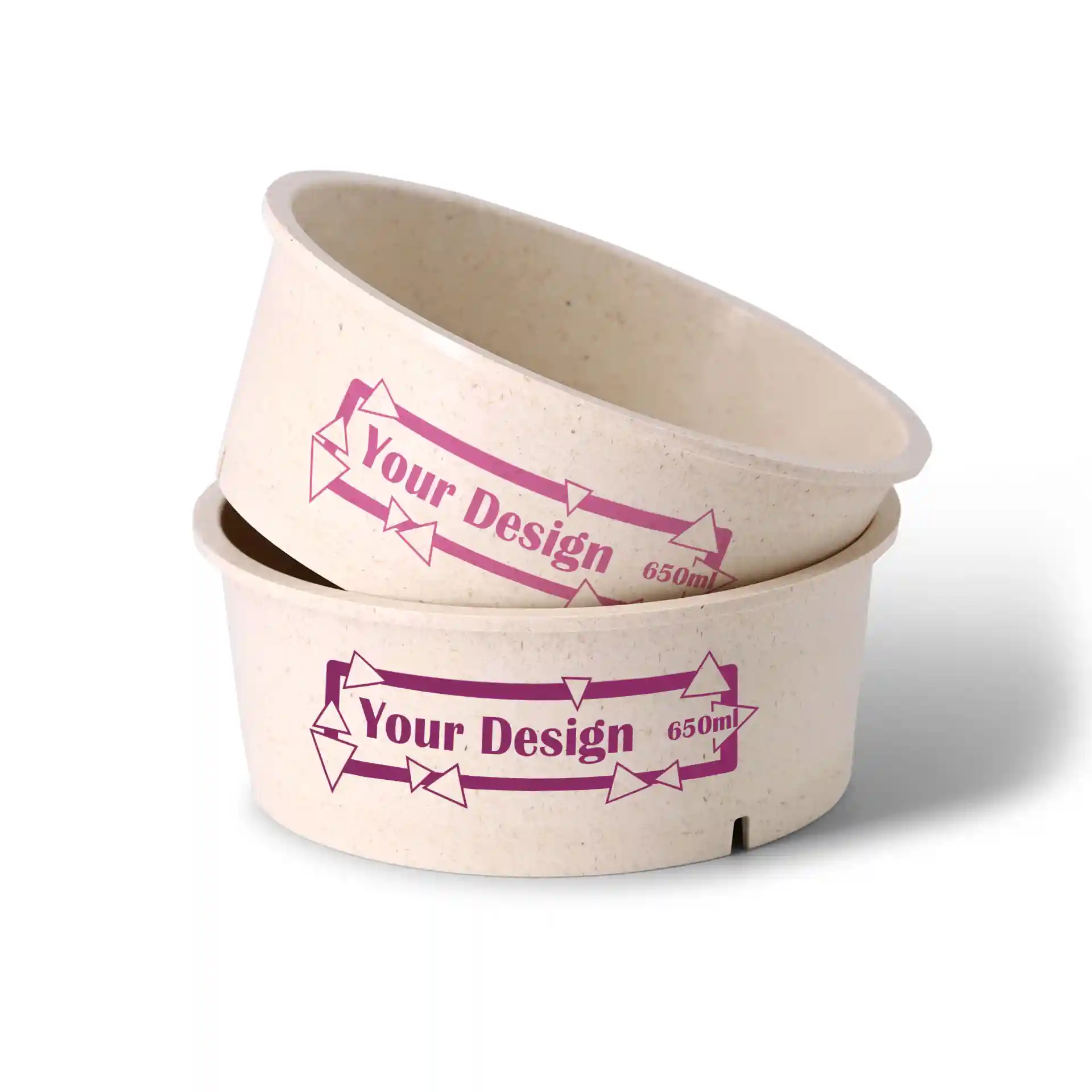 Round reusable bowl in cream-white color, printed with design, 650 ml capacity, stacked with another bowl.