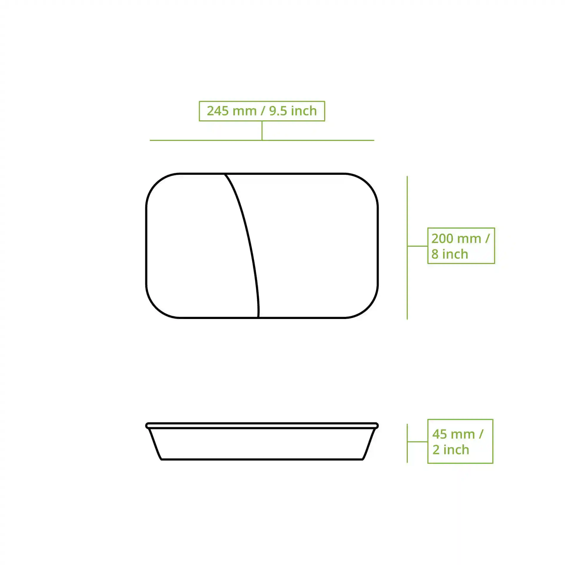 Schematic drawing of a reusable meal container with two compartments, showing dimensions of 245 mm by 200 mm by 45 mm.