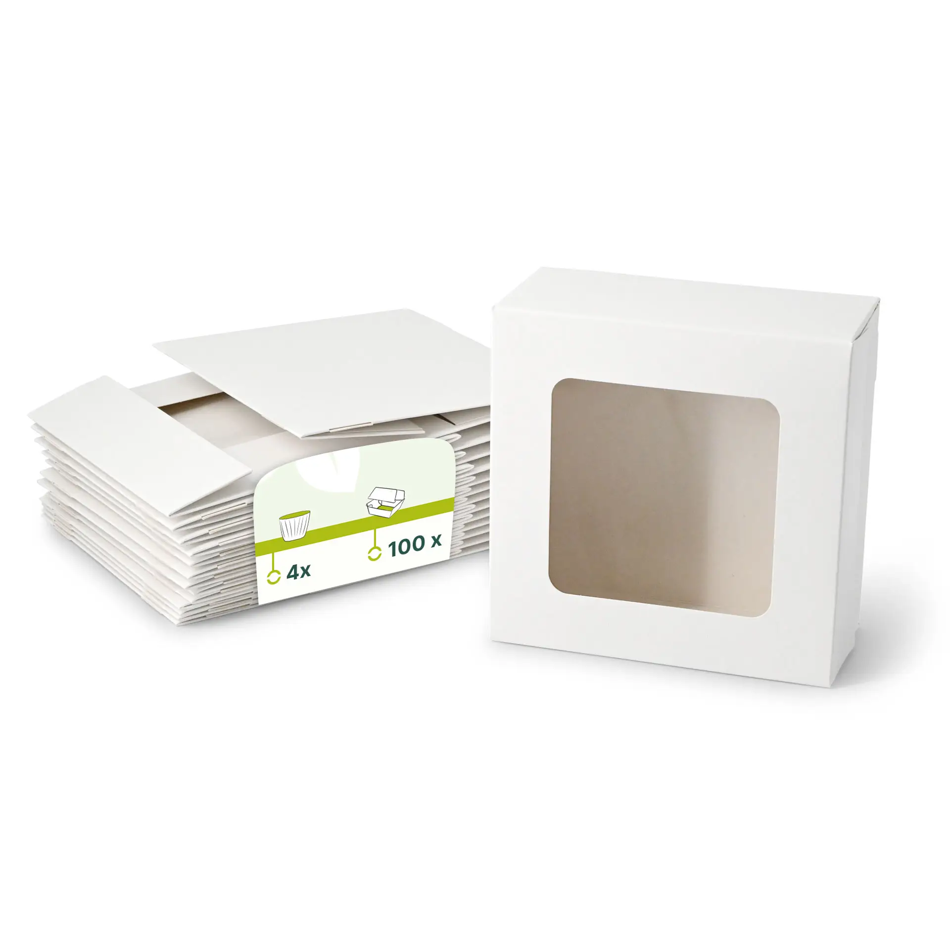 White cupcake boxes with a cellulose window, designed to hold four items, stacked with a labeled wrapper on the side.