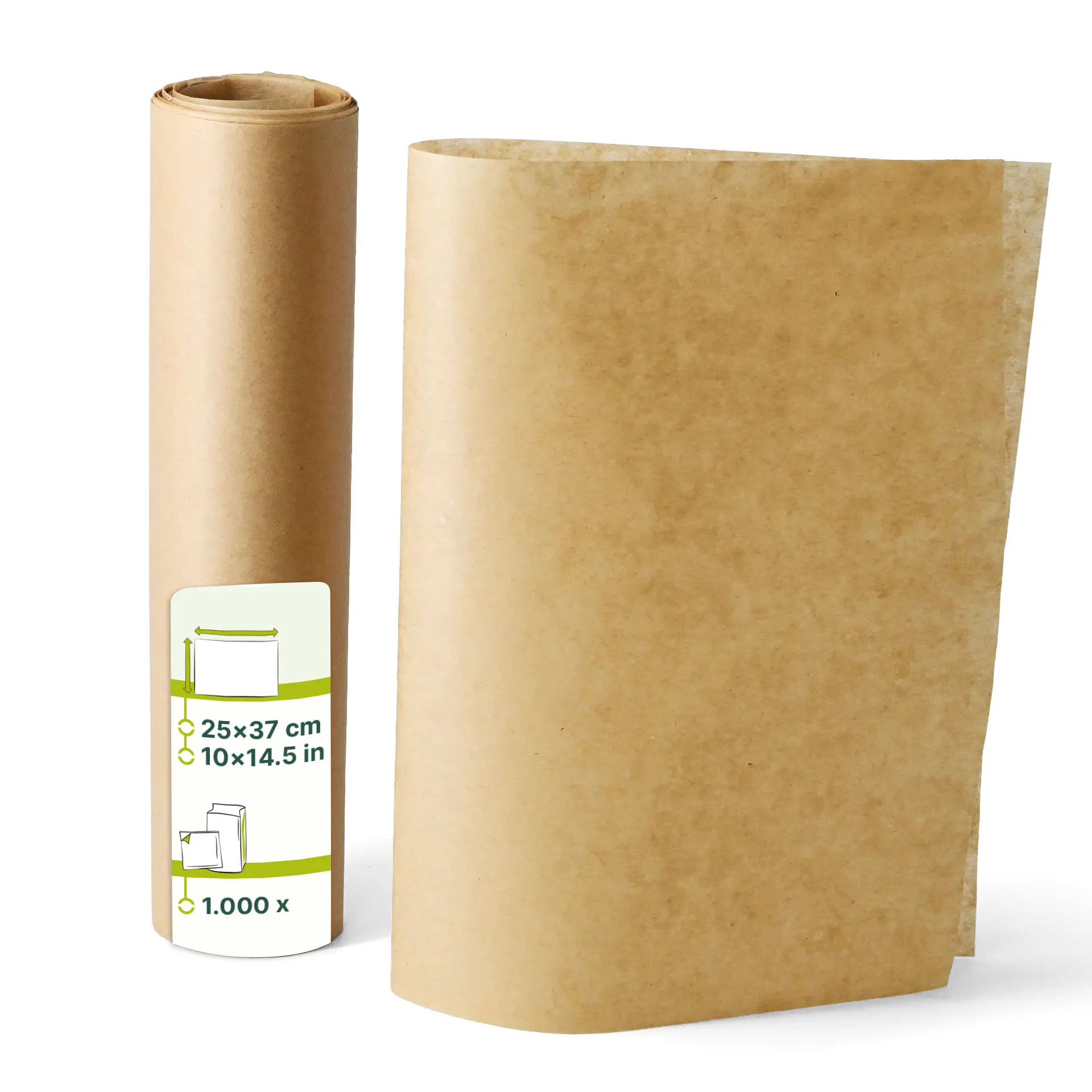 Brown greaseproof wrapping paper, pre-cut to 25 x 37 cm, shown rolled and unfolded, suitable for hot and cold foods.