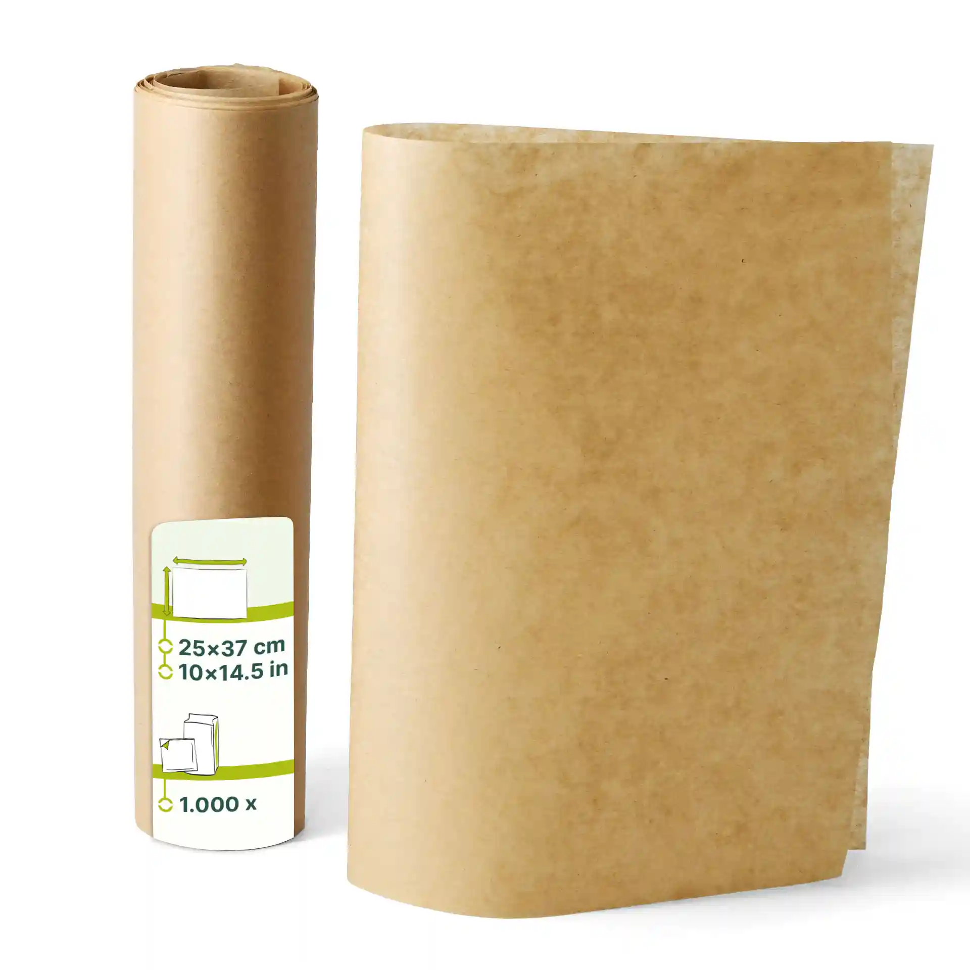 Brown wrapping paper roll with a partially unrolled sheet, dimensions 25 x 37 cm.