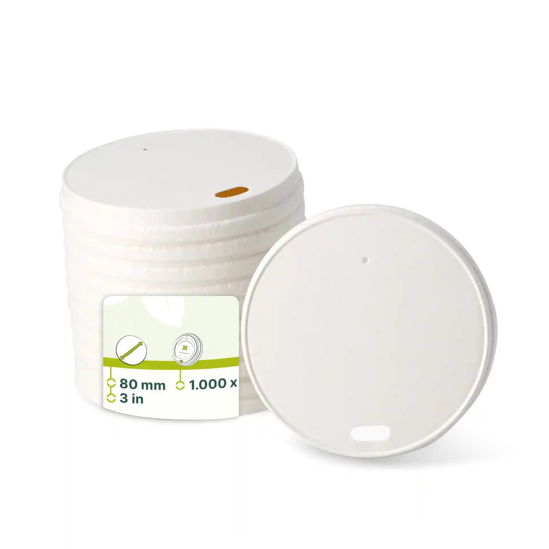 White paper lids with a diameter of 80 mm, featuring a drink opening, stacked with one lid shown on the side.
