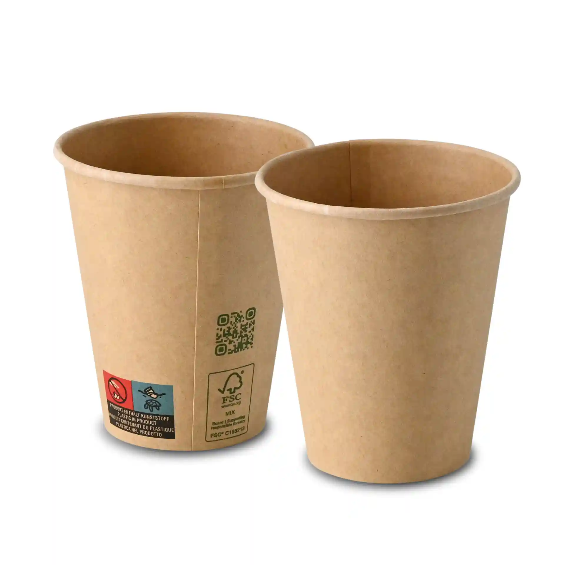 Brown paper cups with a single wall, 250 ml capacity, shown from different angles.