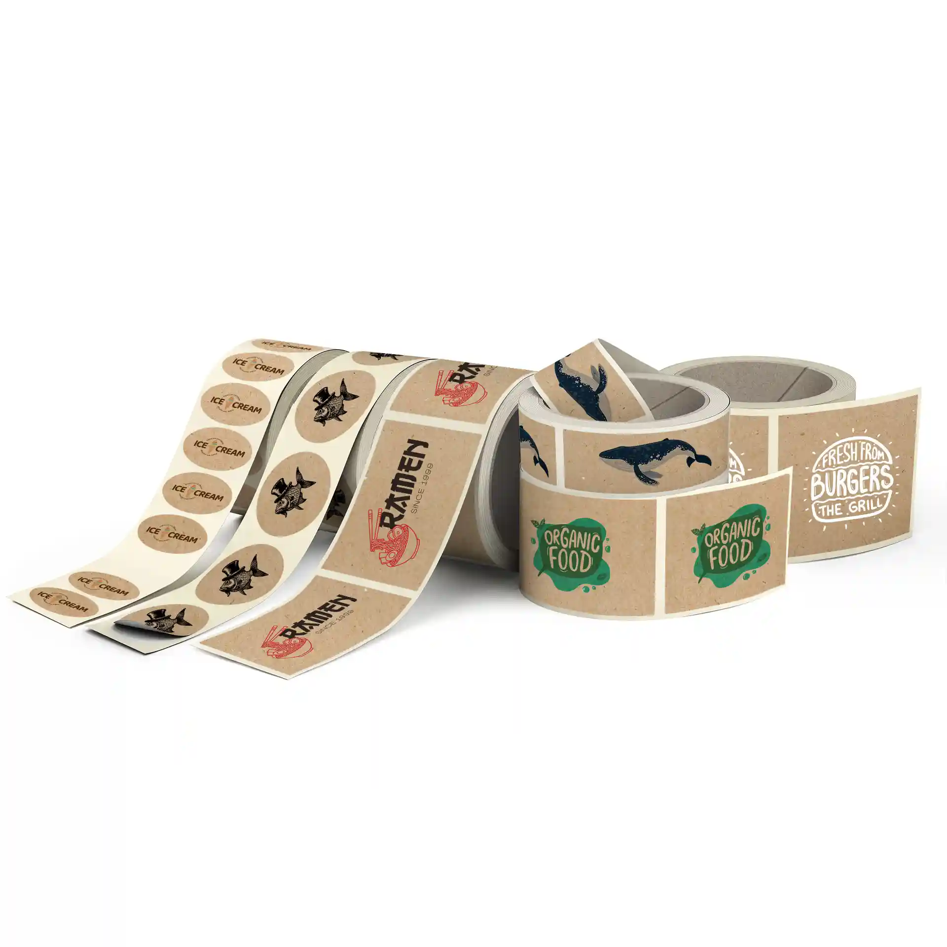 Roll of printed labels on kraft paper featuring various designs, including oval shapes and different colors.