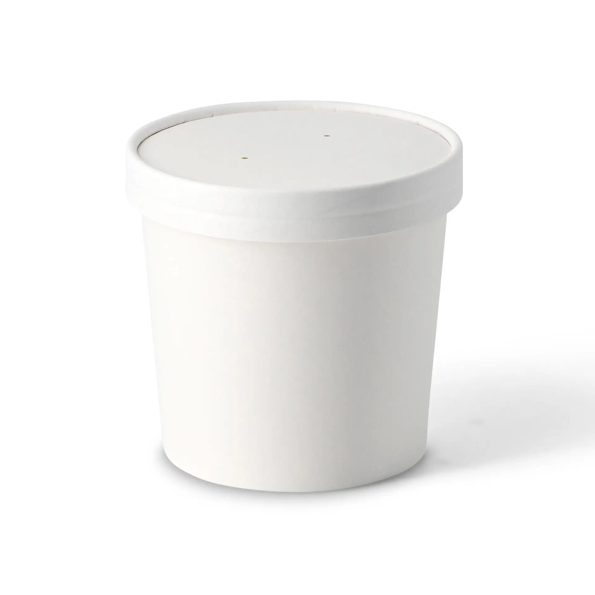 White soup cup to go made of biodegradable cardboard, 16 oz, with a PLA coating, featuring a plain design and sealed lid.