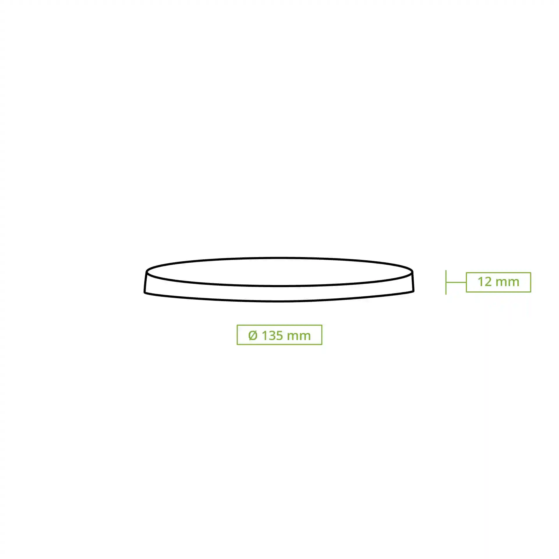 Schematic drawing of a round white lid with a diameter of 135 mm and a height of 12 mm.