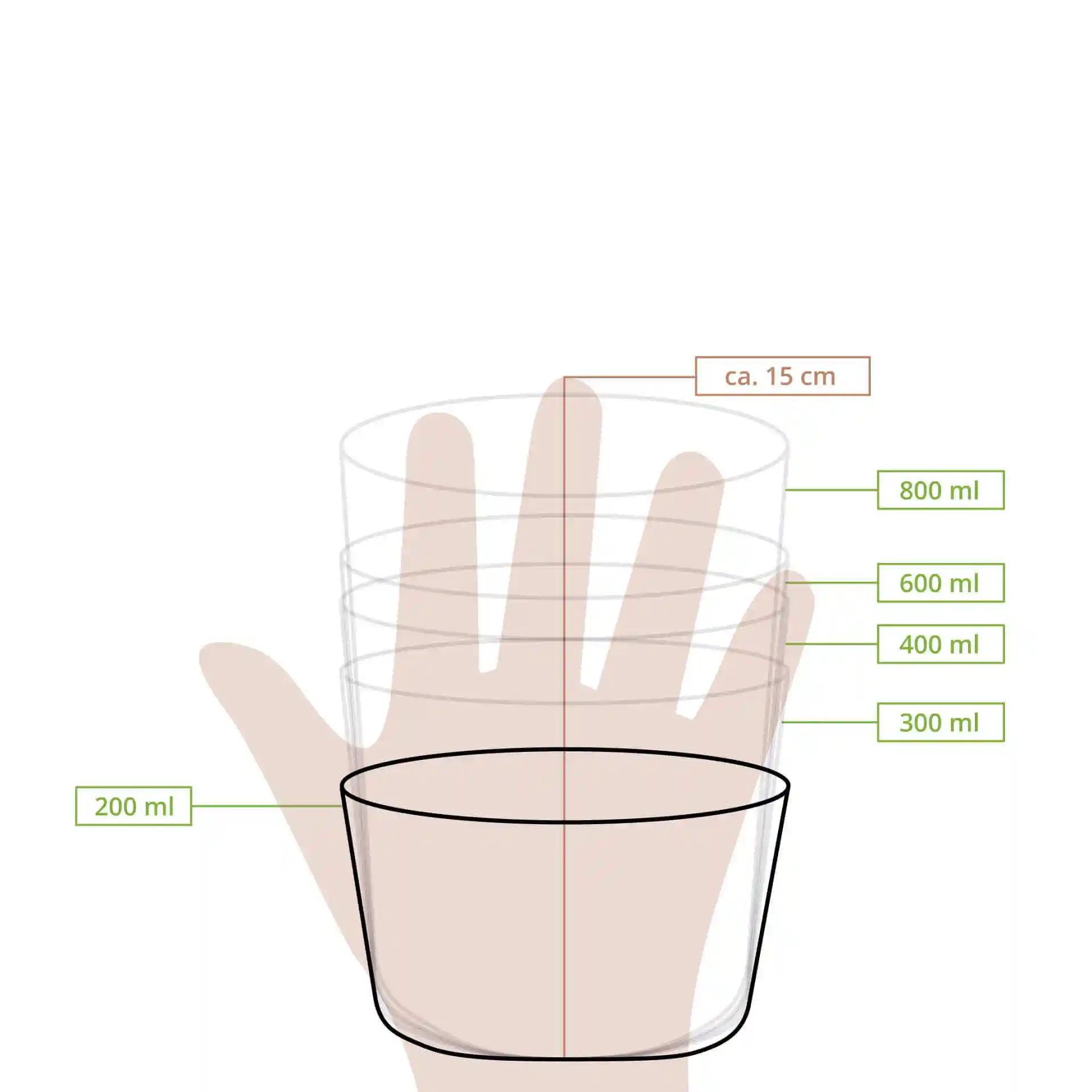 Schematic drawing of a round takeaway soup container with volume markings for 200 ml, 300 ml, 400 ml, 600 ml, and 800 ml.