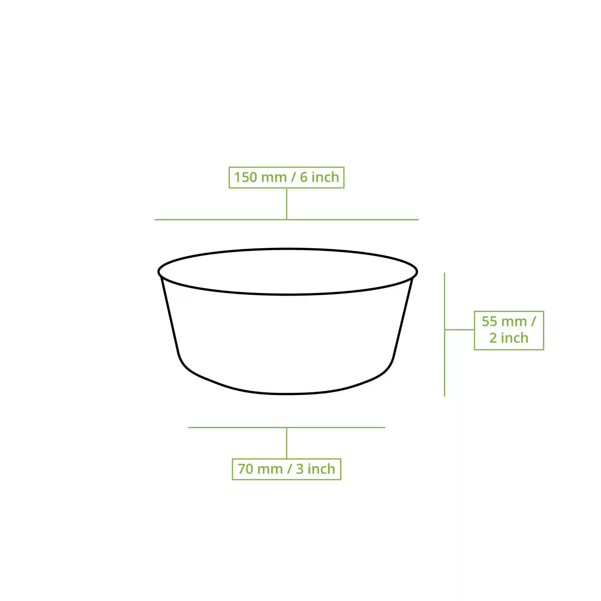 Schematic drawing of a round palm leaf bowl with dimensions: 150 mm diameter, 55 mm height, and 70 mm bottom diameter.