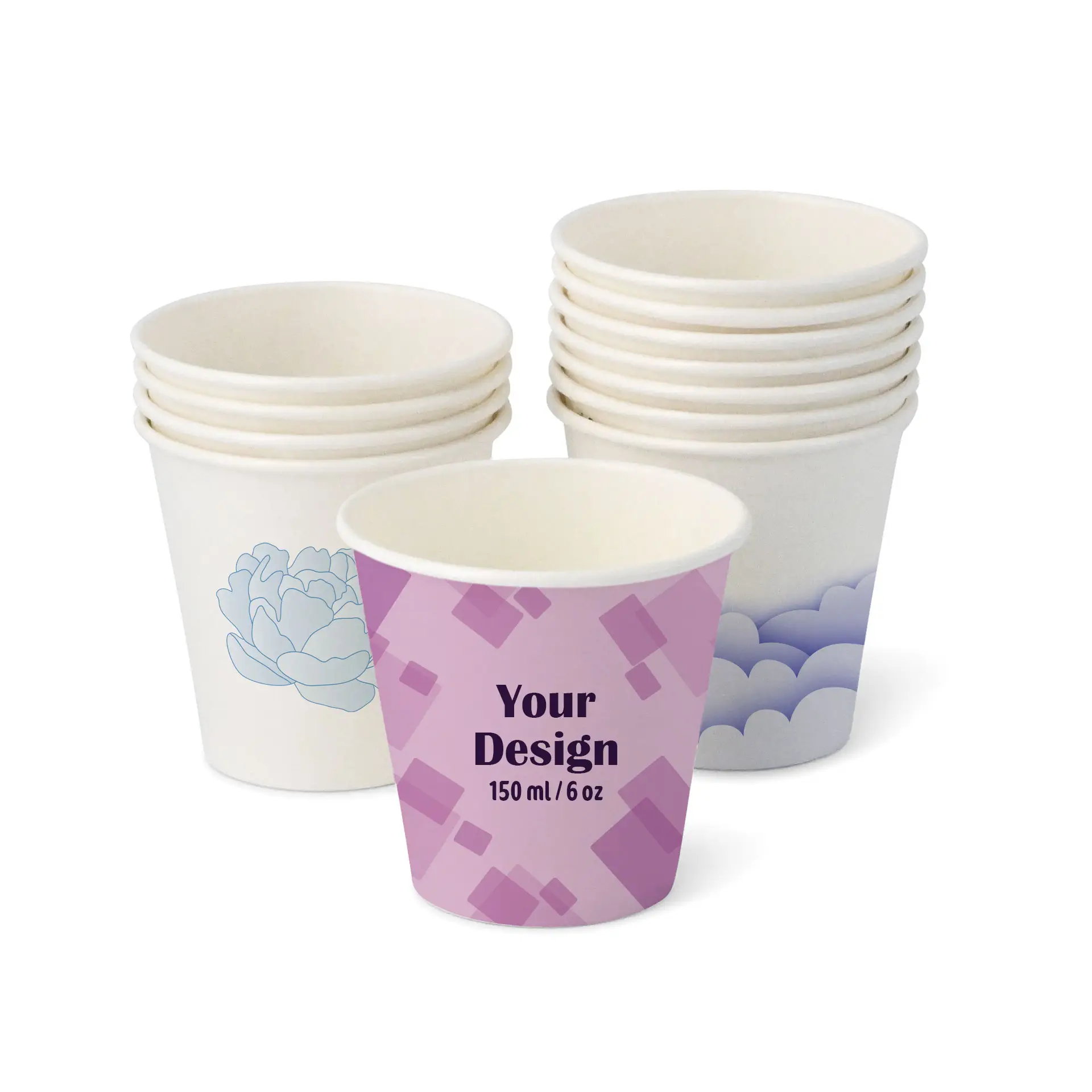 Paper cups with logo (single-wall), 150 ml / 6 oz, white, PLA coated Paper cups with logo (single-wall), 150 ml / 6 oz, white, PLA coated