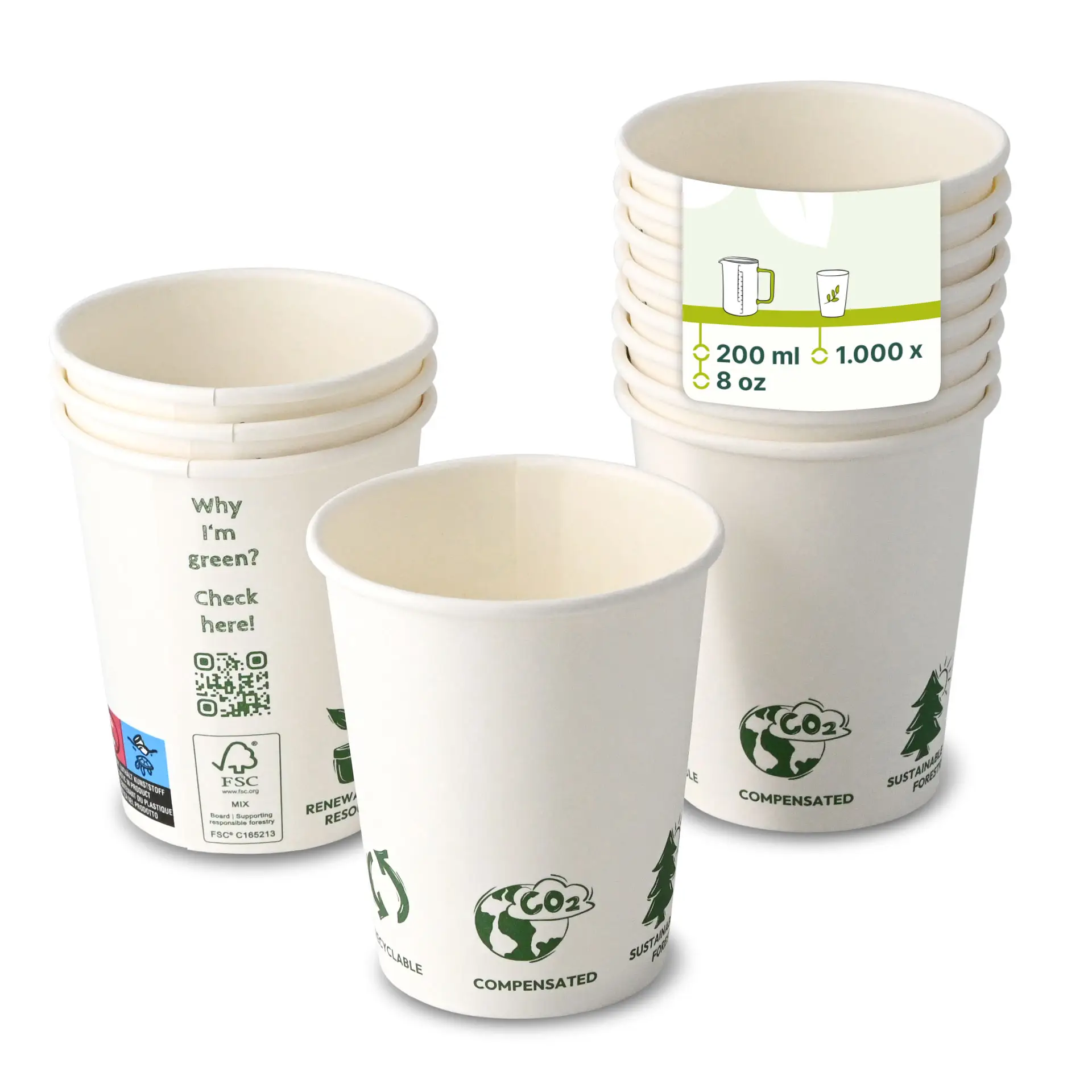 Paper cup 200 ml / 8 oz, Ø 80 mm, single wall, white, PLA-coated