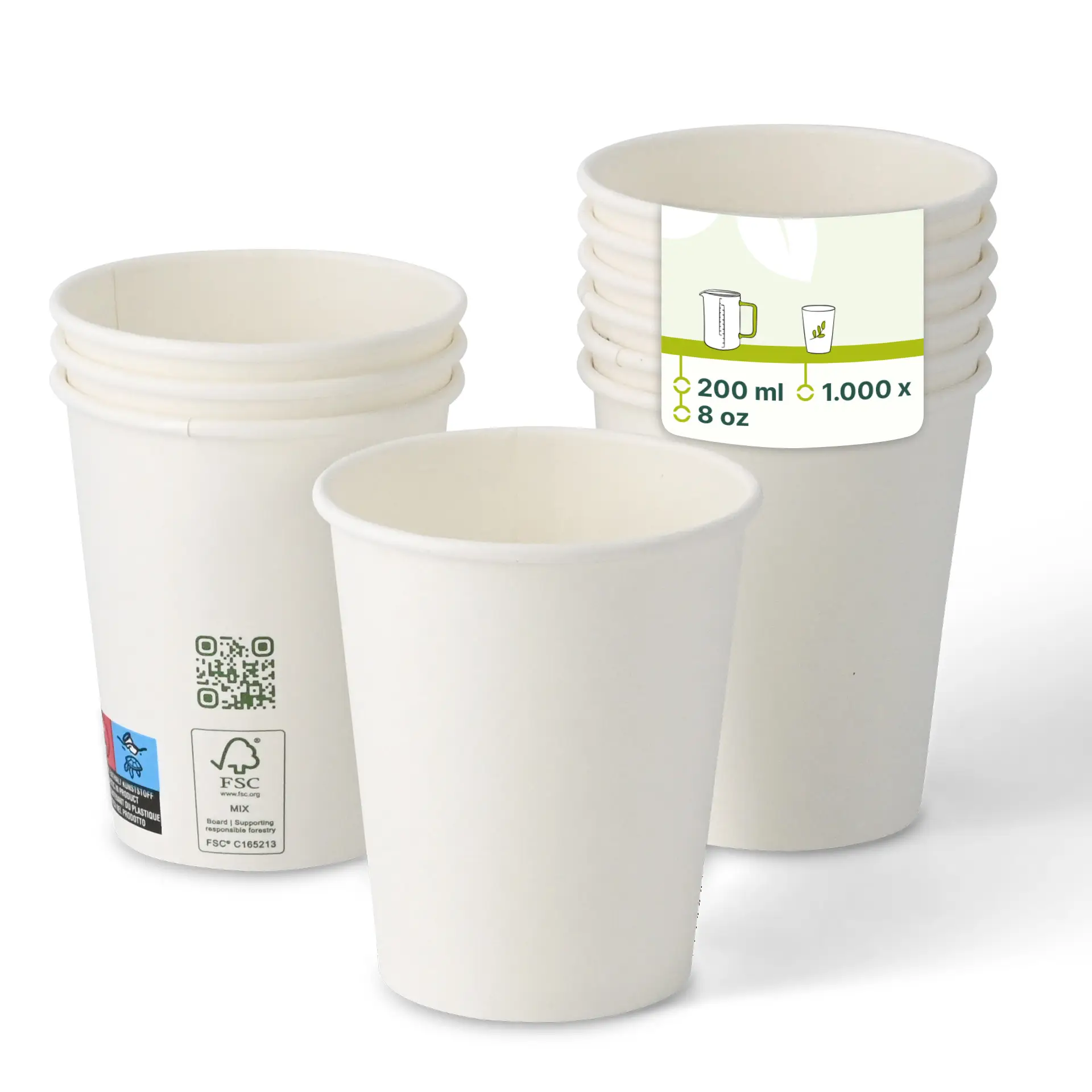White paper cup with a diameter of 80 mm and a height of 90 mm, featuring eco-friendly icons.
