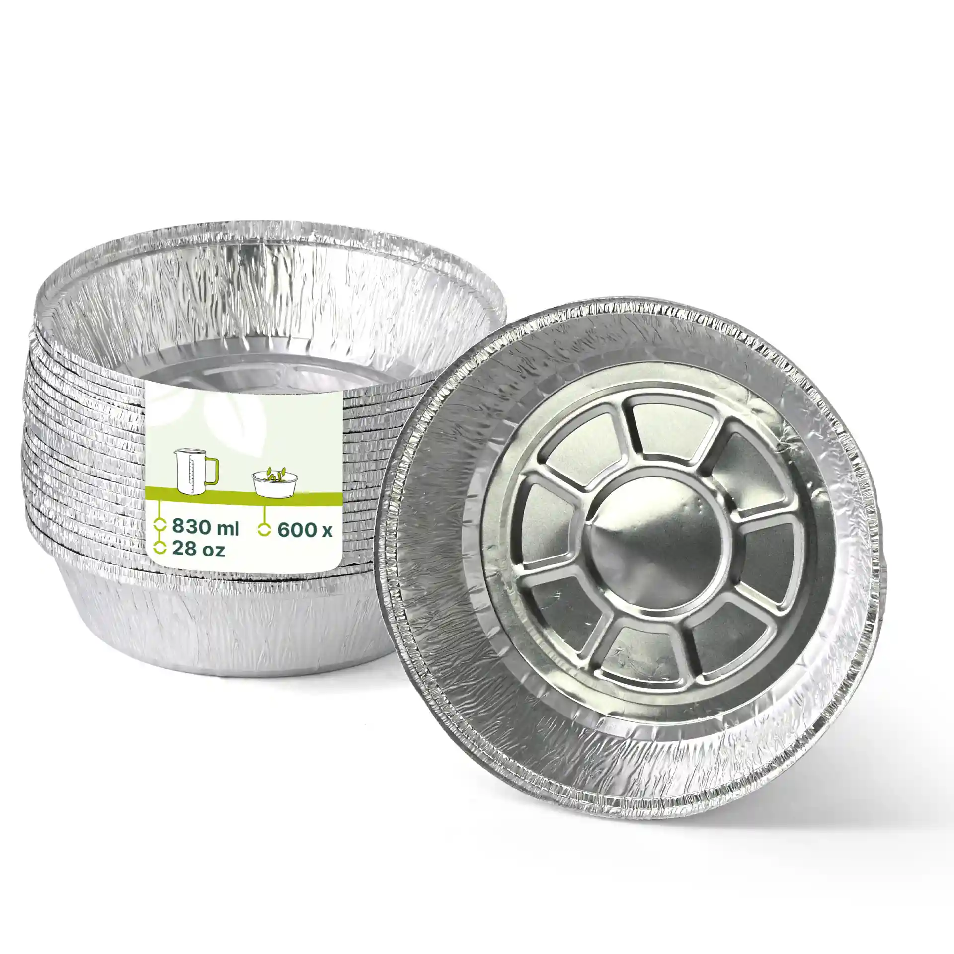 Round aluminium container with a diameter of 182 mm and a height of 43 mm, shown in a stack with one on its side.