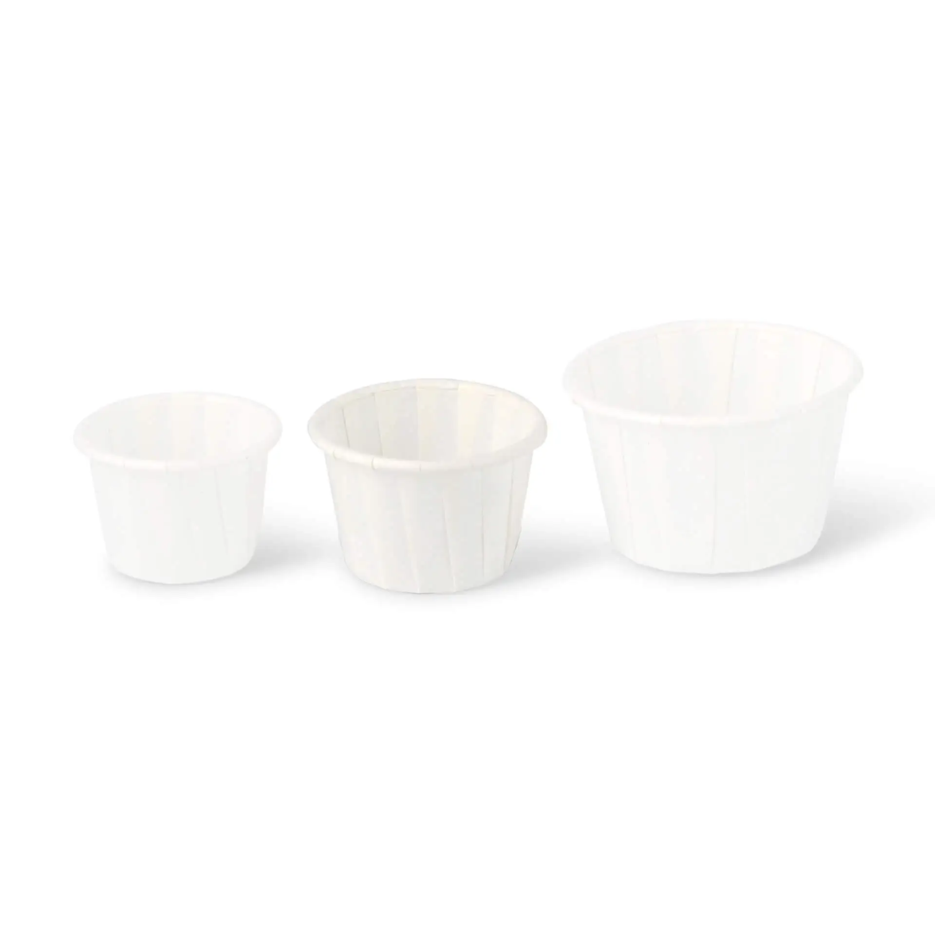 Three white paper cups of varying sizes, made of grease-resistant material, suitable for serving dips and sauces.