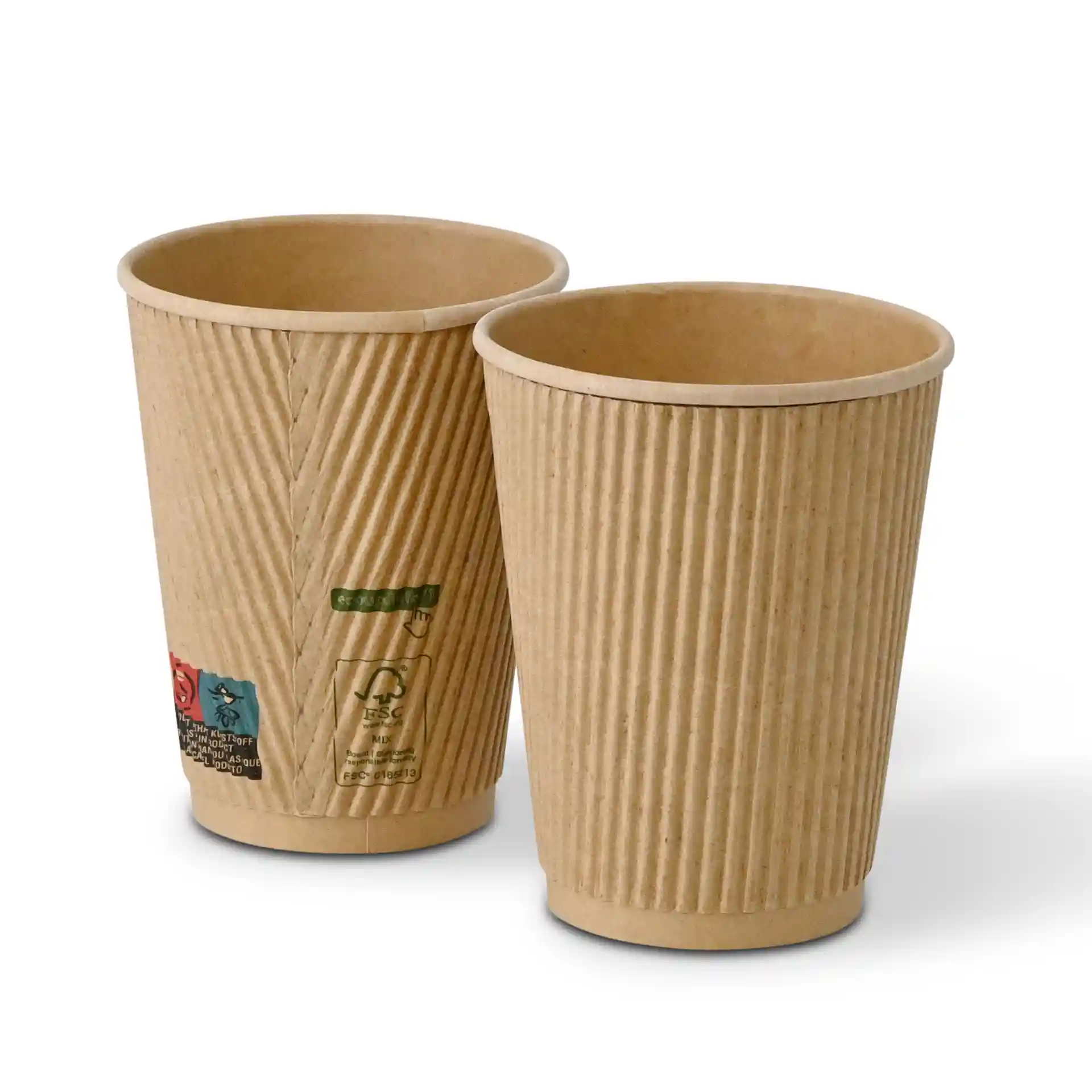 Two 12 oz ribbed kraft cups with a diameter of 90 mm, showing visible labels and markings on one cup.