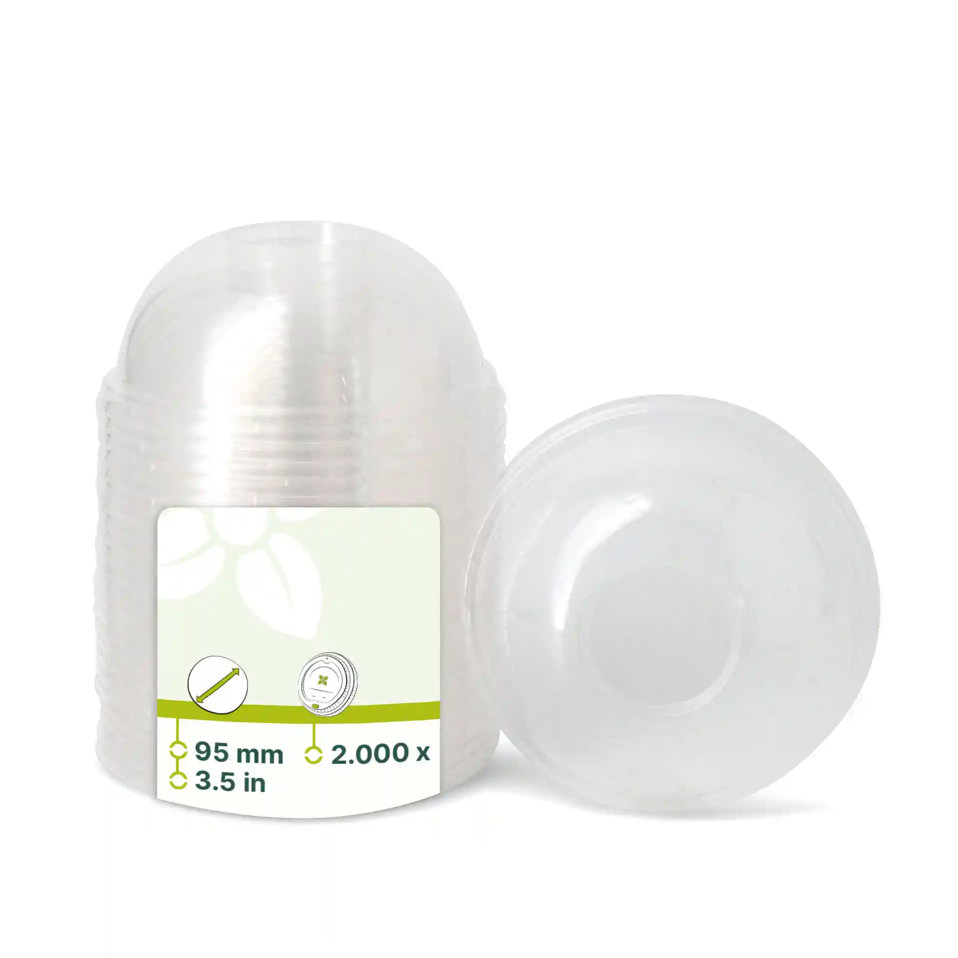 Transparent PLA dome lids with a diameter of 95 mm, shown stacked with one lid beside.