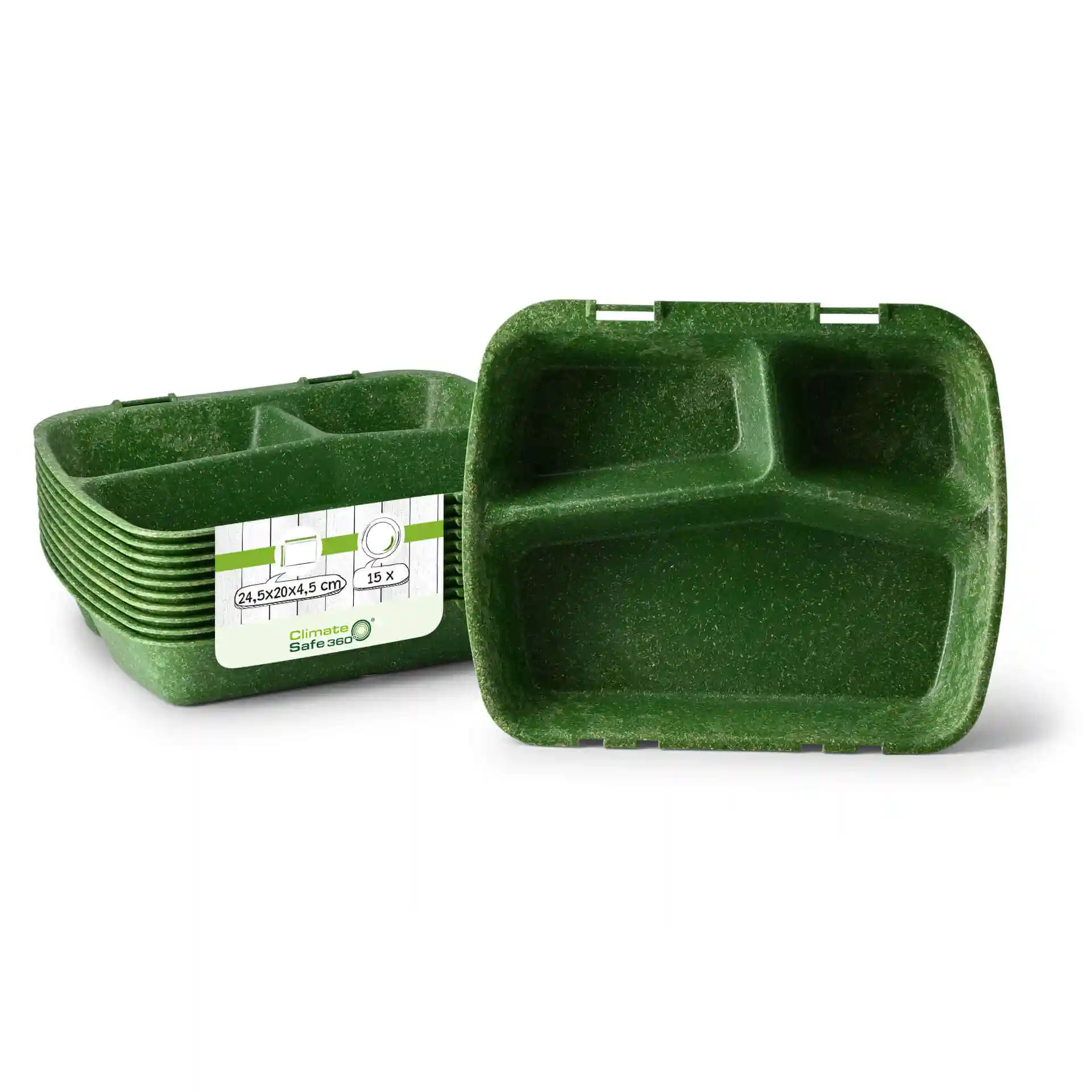 Reusable meal container with three compartments, green color, dimensions 24.5 x 20 x 4.5 cm.