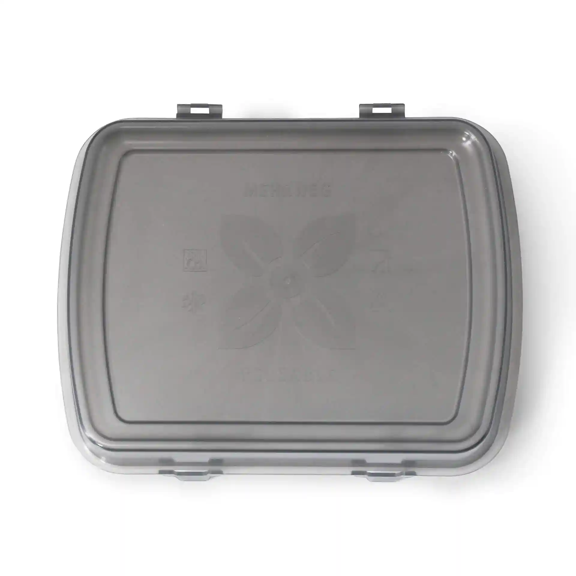 Grey rectangular reusable lid with a smooth surface and locking clips, measuring 24.5 x 20 x 4.5 cm.