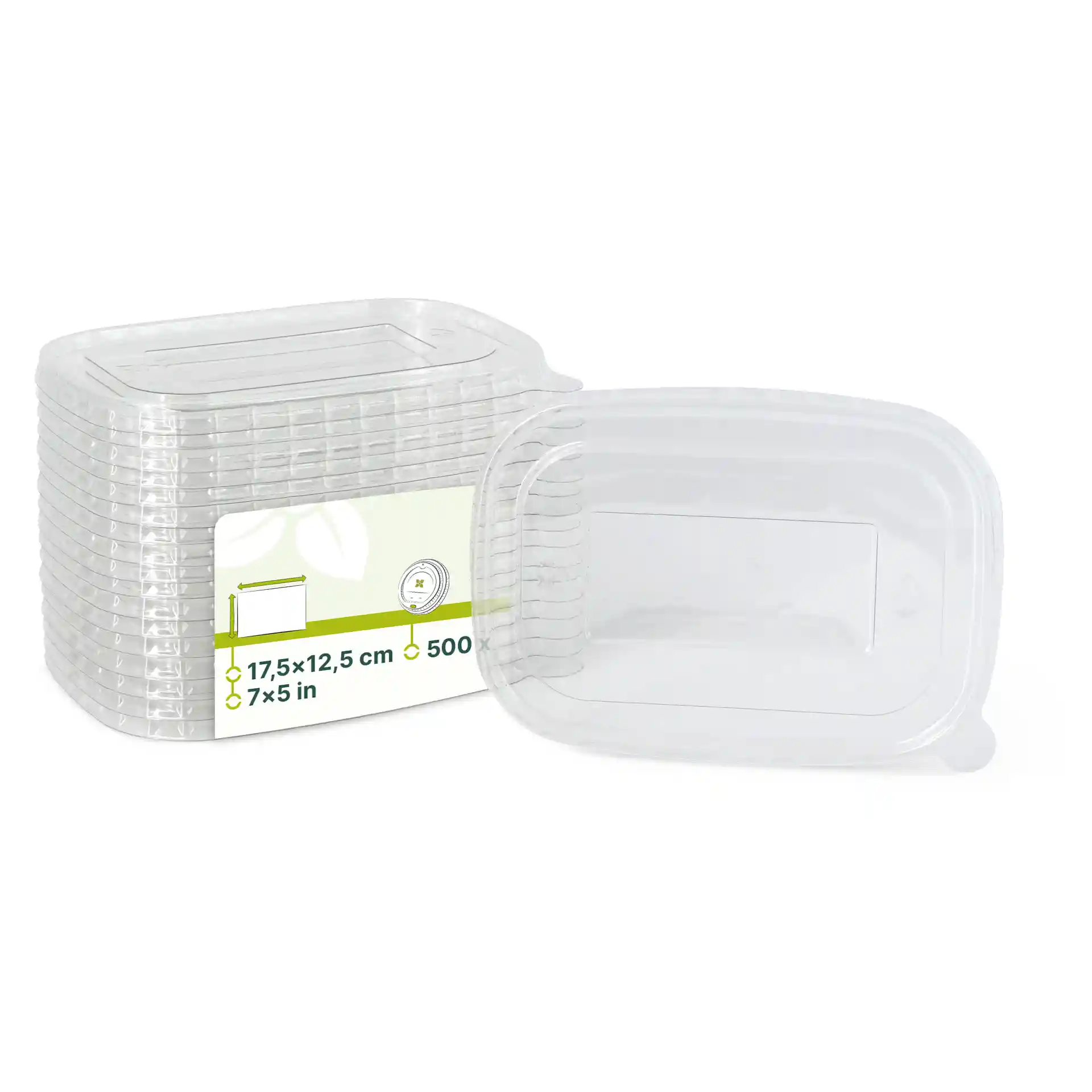 Stack of clear rectangular rPET lids measuring 17.5 x 12.5 cm, with one lid partially removed from the stack.