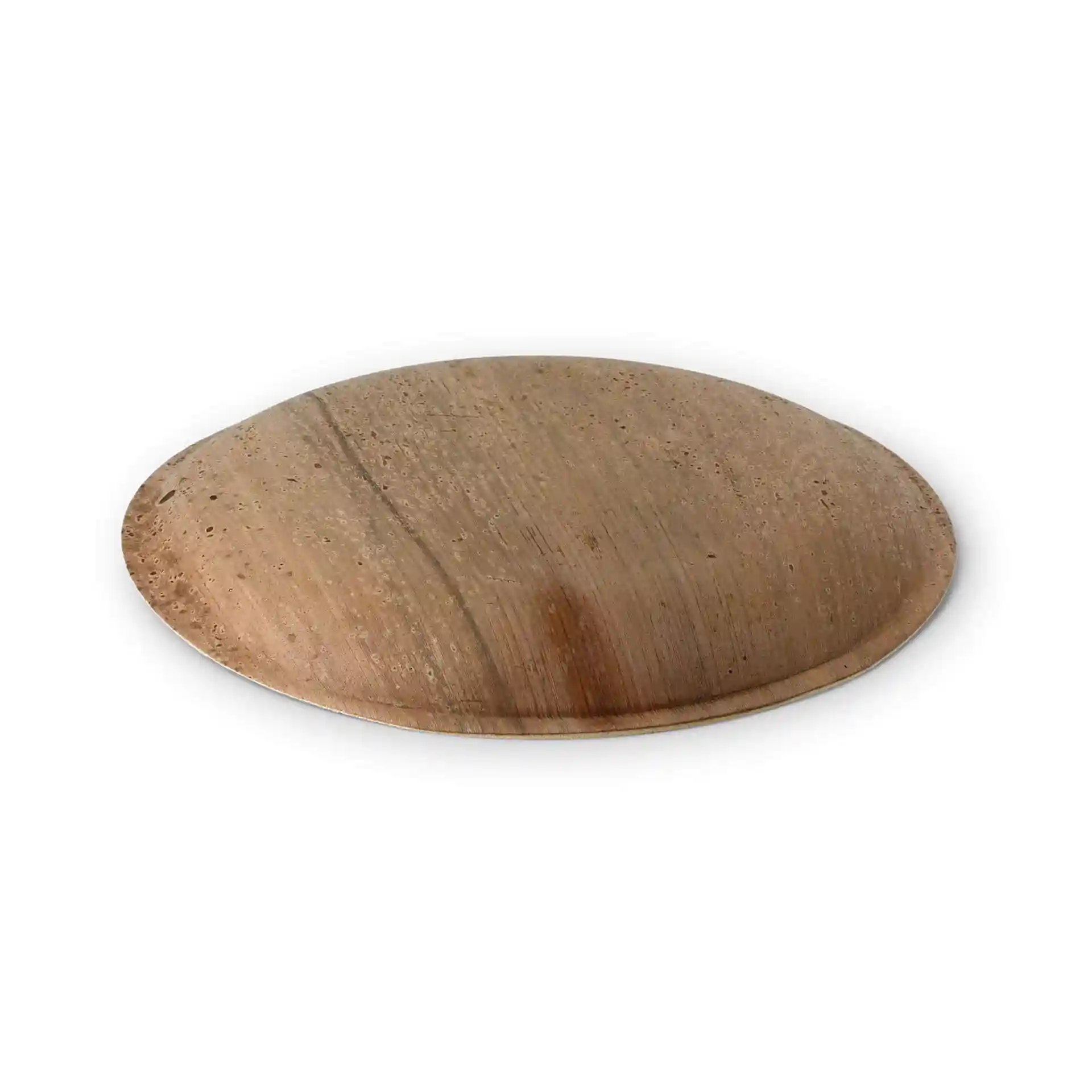 Round palm leaf plate with a diameter of 23 cm, featuring a natural grain texture on a flat surface.