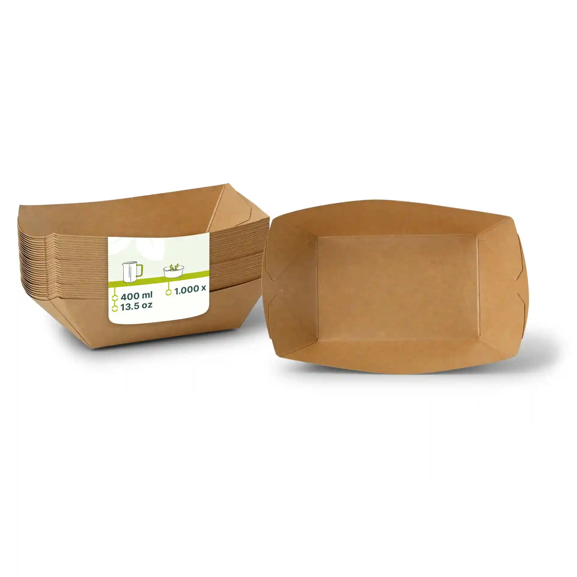 Brown cardboard snack trays with a capacity of 400 ml, shown stacked and one tray displayed upright.