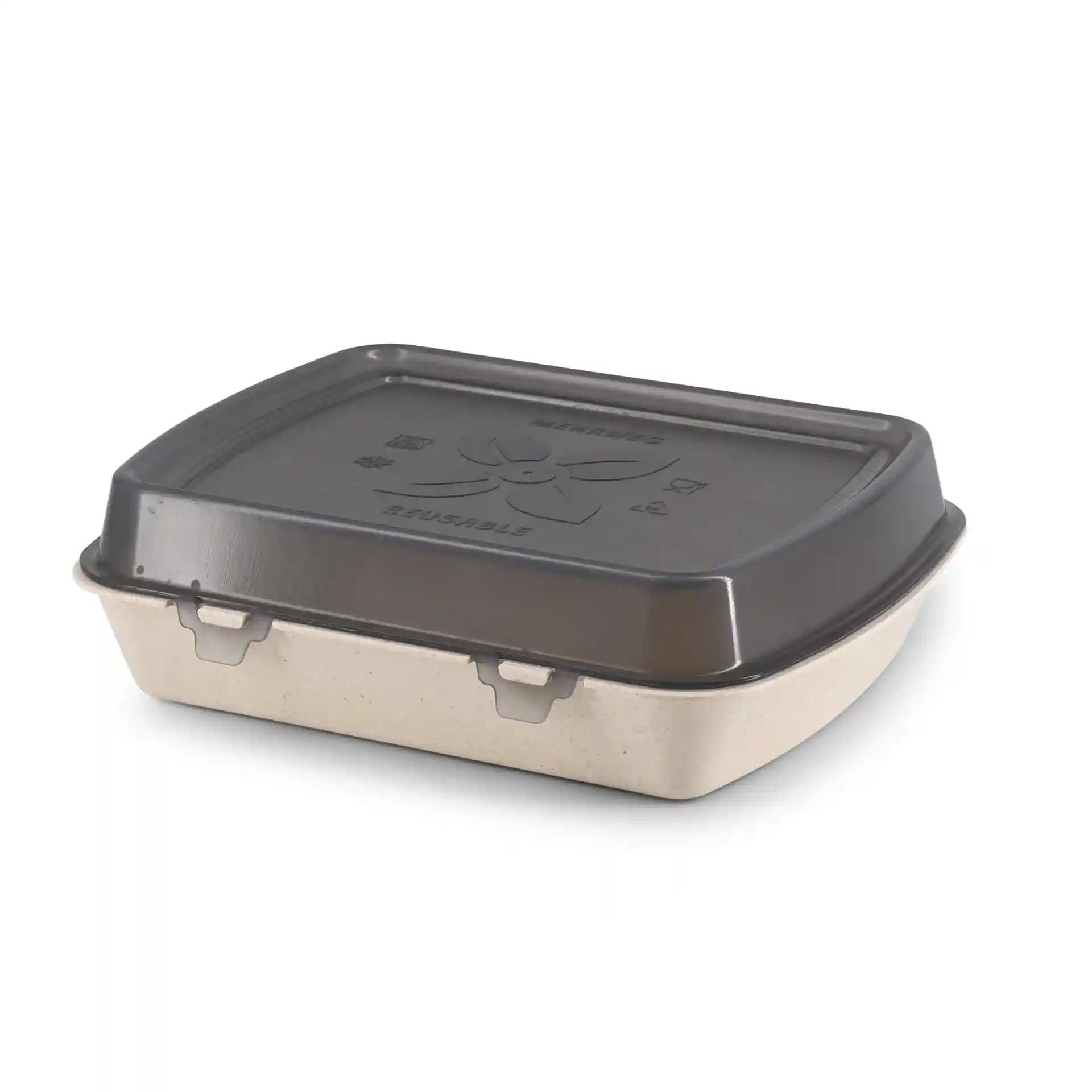 Rectangular reusable container with a dark lid and creamy white base, measuring 24.5 x 20 x 4.5 cm.