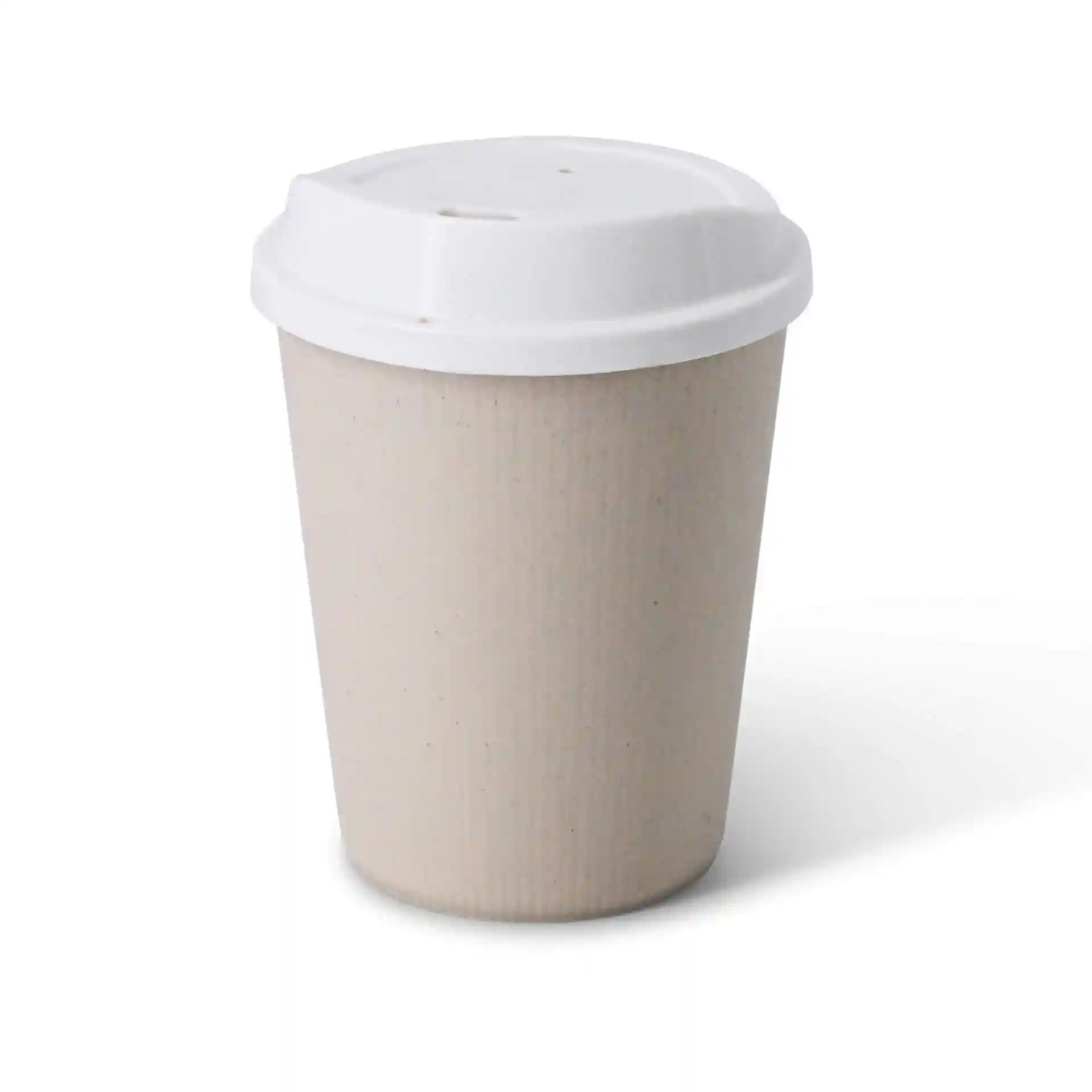 Cream white reusable coffee cup with a white lid, 11 oz capacity, made of PP material.