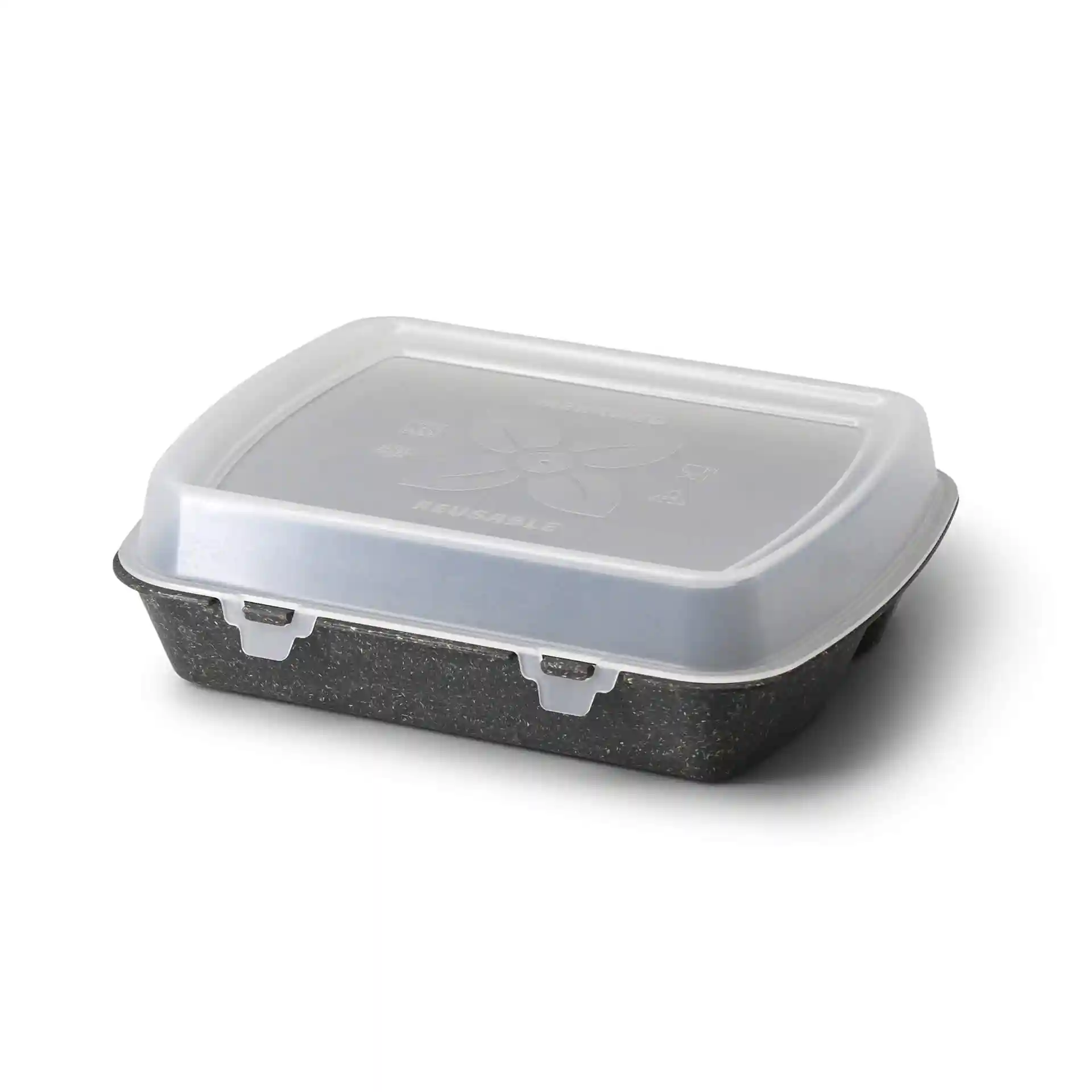 Reusable meal container with a grey base and transparent lid, featuring three compartments. Dimensions are 24.5 x 20 x 4.5 cm.