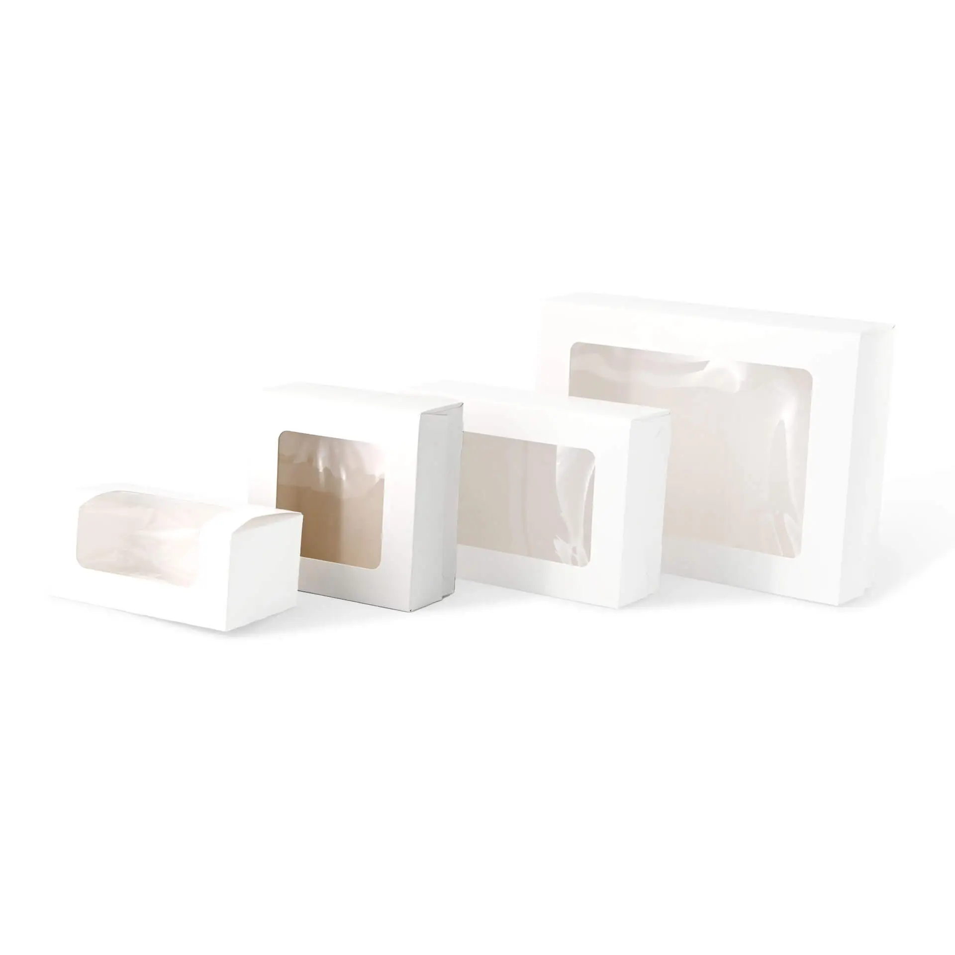 Four white cupcake boxes with cellulose windows, suitable for holding pastries like muffins and brownies.
