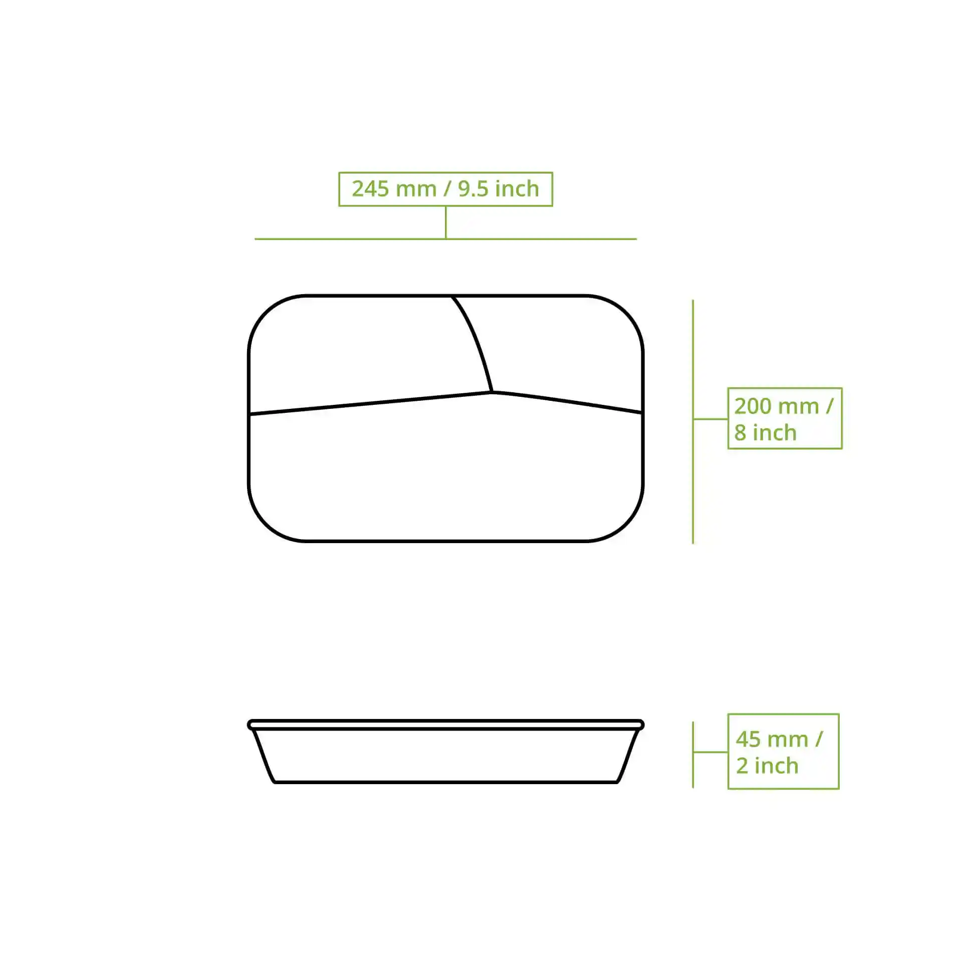 Schematic drawing of a reusable meal container with three compartments, showing dimensions of 245 mm by 200 mm by 45 mm.