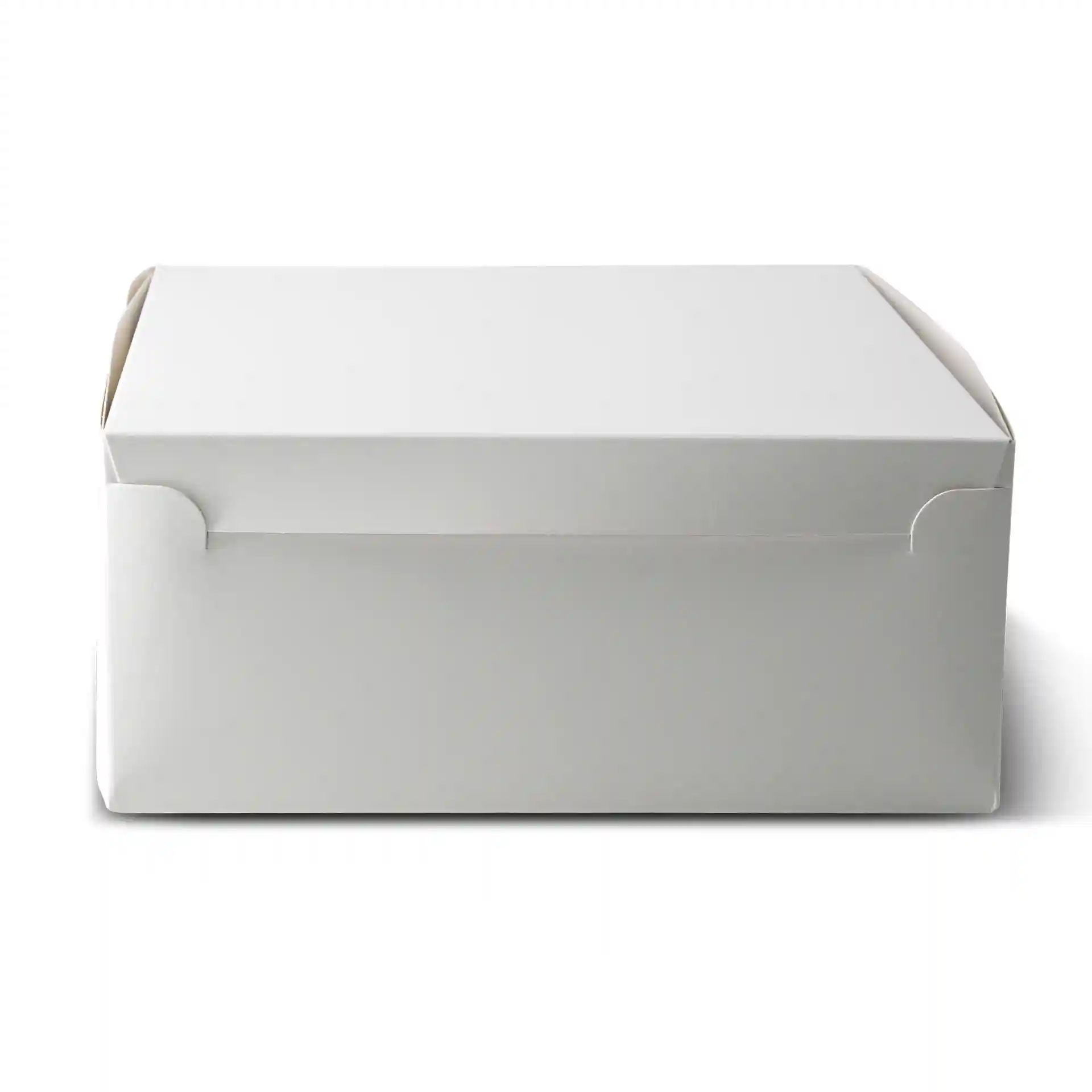 White cake box with a lid, measuring 23 x 23 x 10 cm, shown from the side.