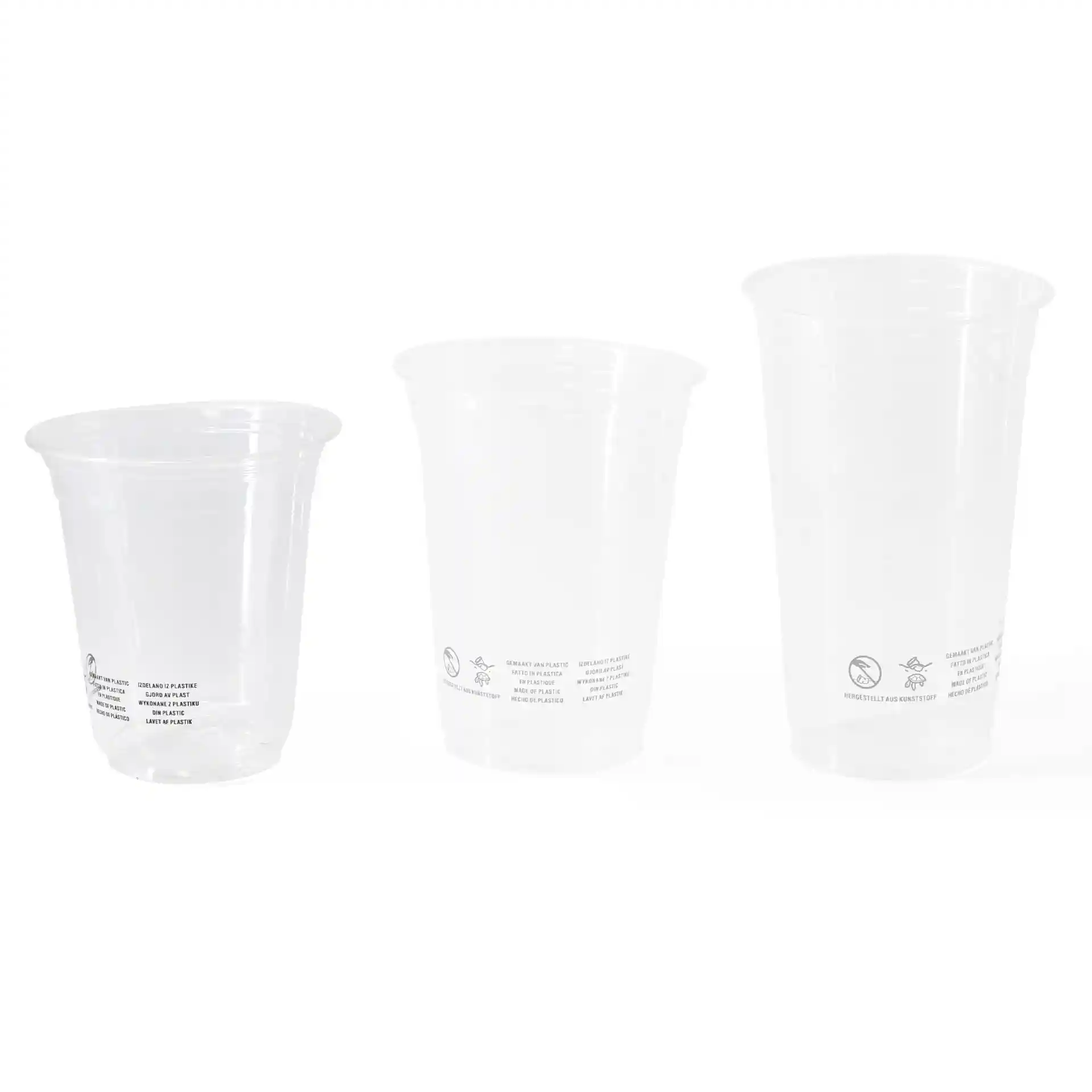 Image of three clear PLA plastic cups of varying sizes, with visible markings on the bottom.