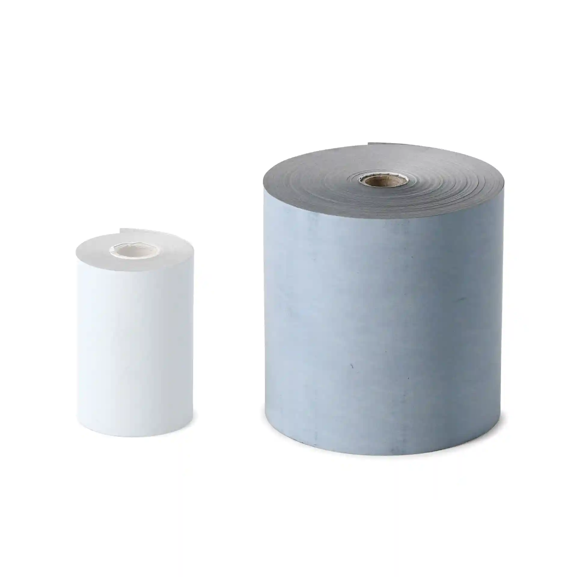 Image of two rolls of thermal paper, one grey and larger, the other white and smaller, both with visible cores.