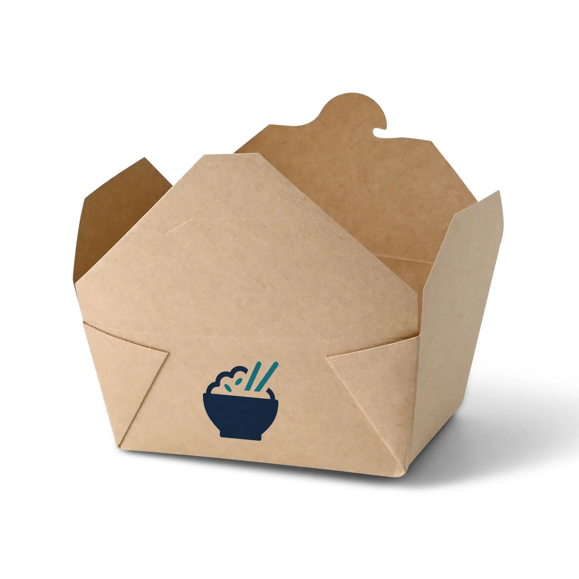 Custom printed takeaway box in brown cardboard; designed for hot and greasy dishes, featuring a bowl icon on the front.