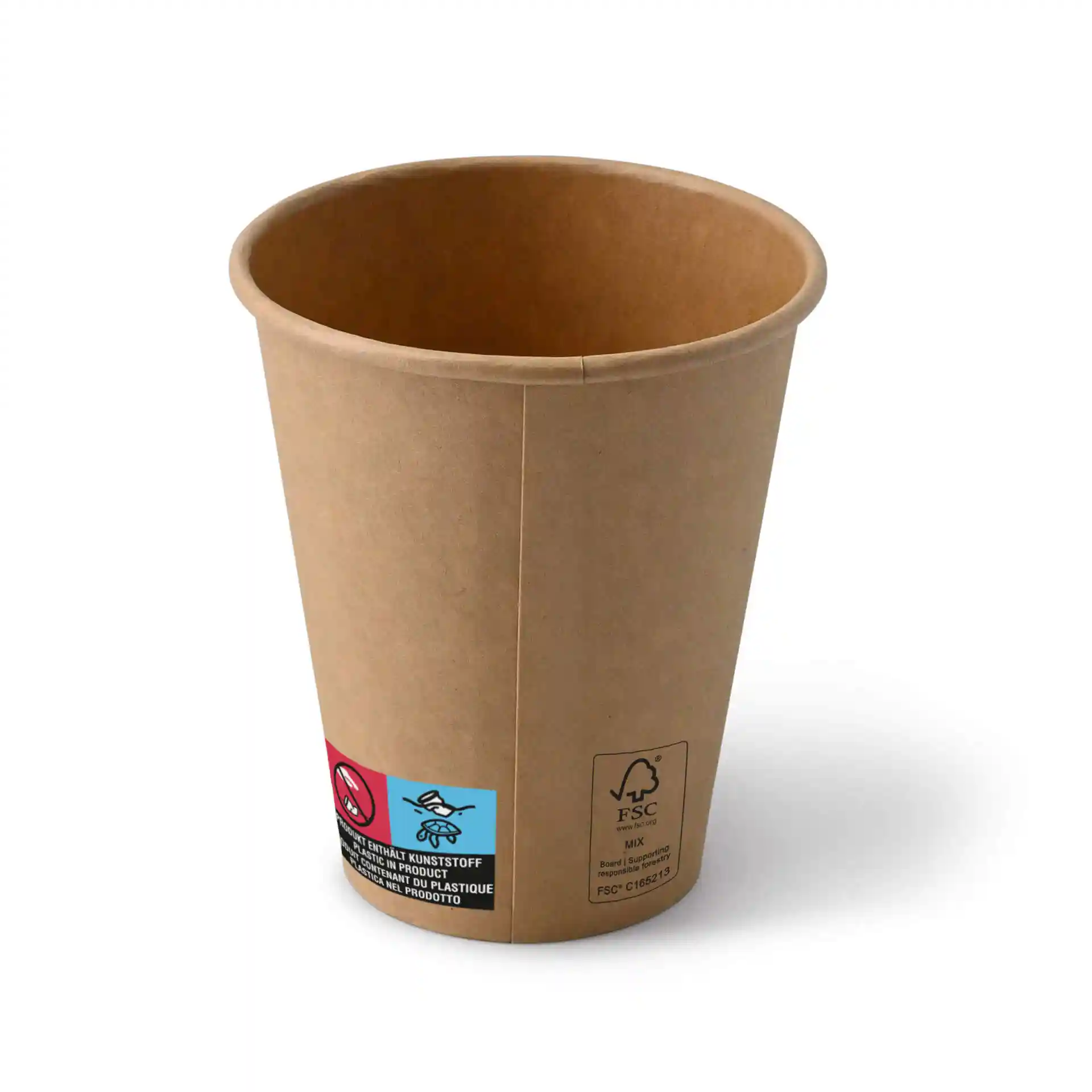 Brown paper cup with a round shape, 10 oz capacity, featuring a coating and visible labels on the side.