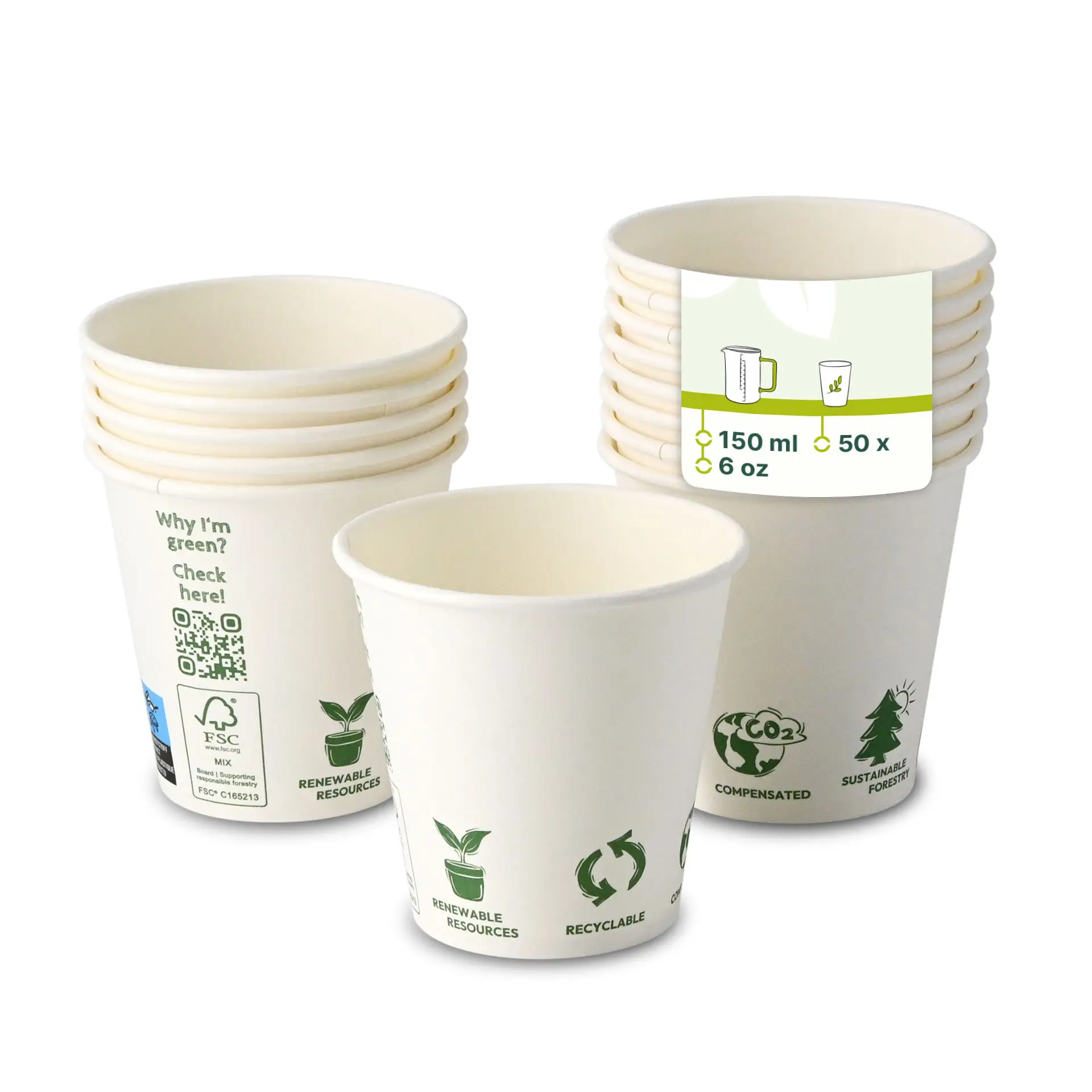 Paper cup 150 ml / 6 oz, Ø 80 mm, “EcoUp©” icons, single wall, white, PLA-coated