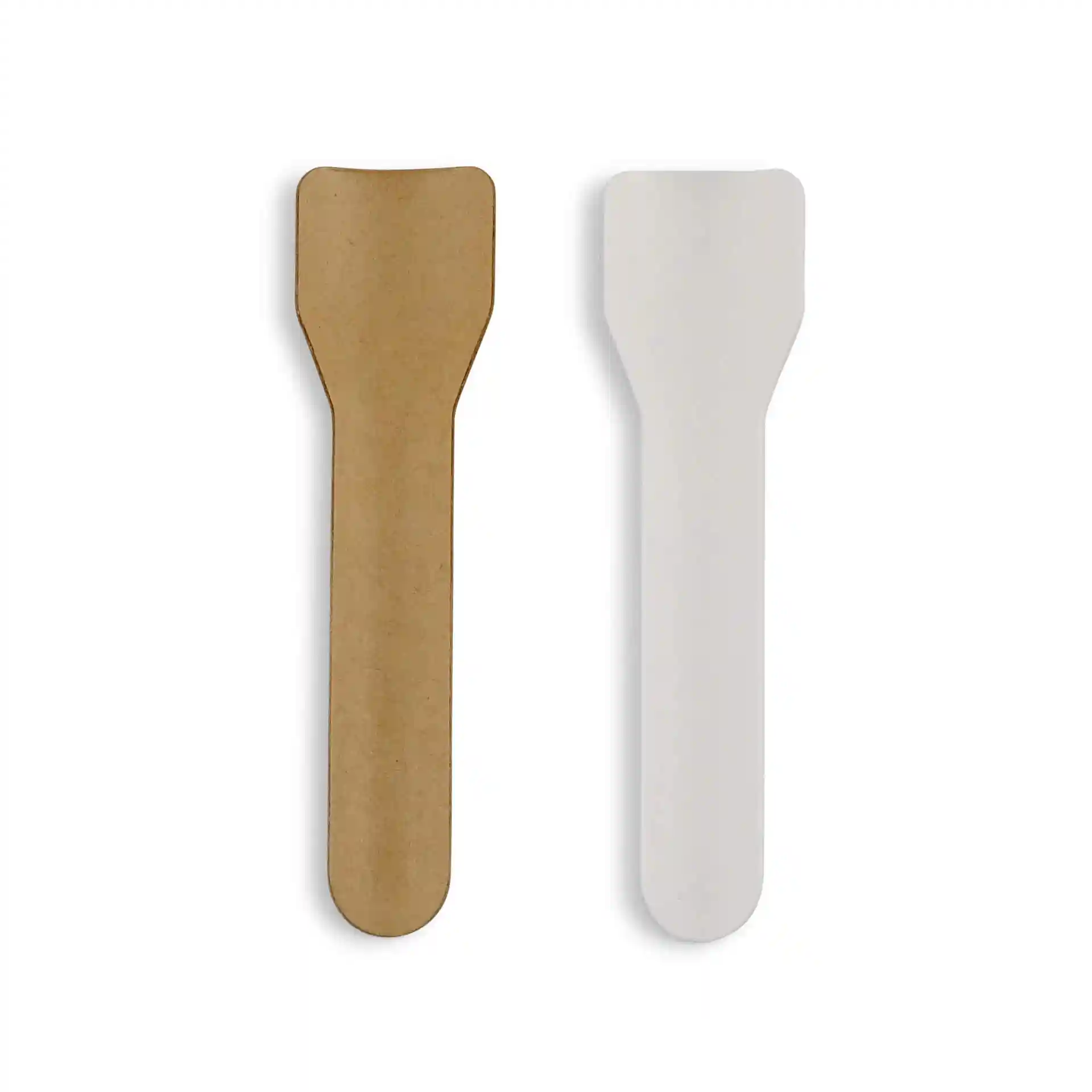 Image of two paper ice cream spoons, one brown and one white, both with a rounded end and flat handle.