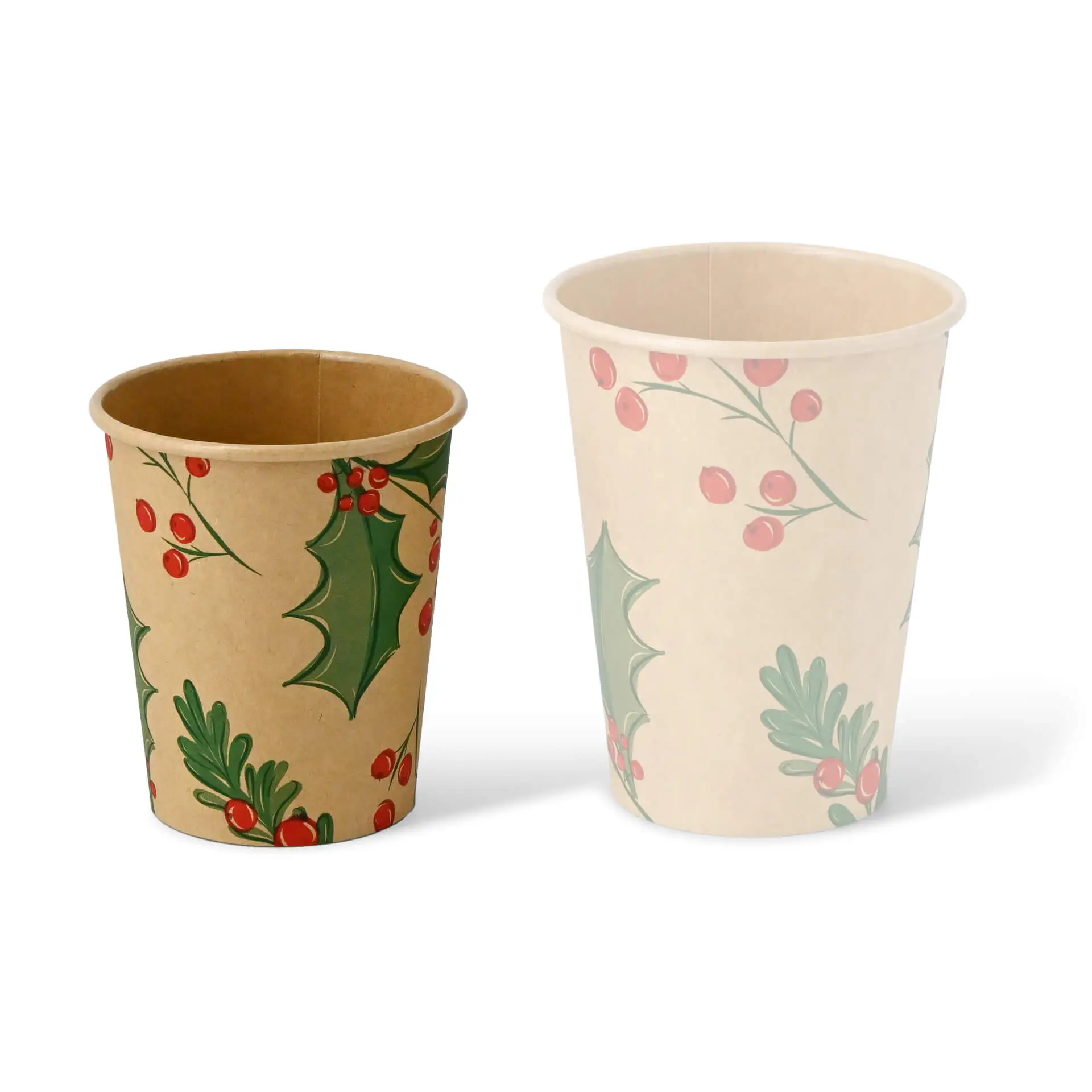 Two unbleached cardboard paper cups with winter-themed printed designs, one smaller and one larger.